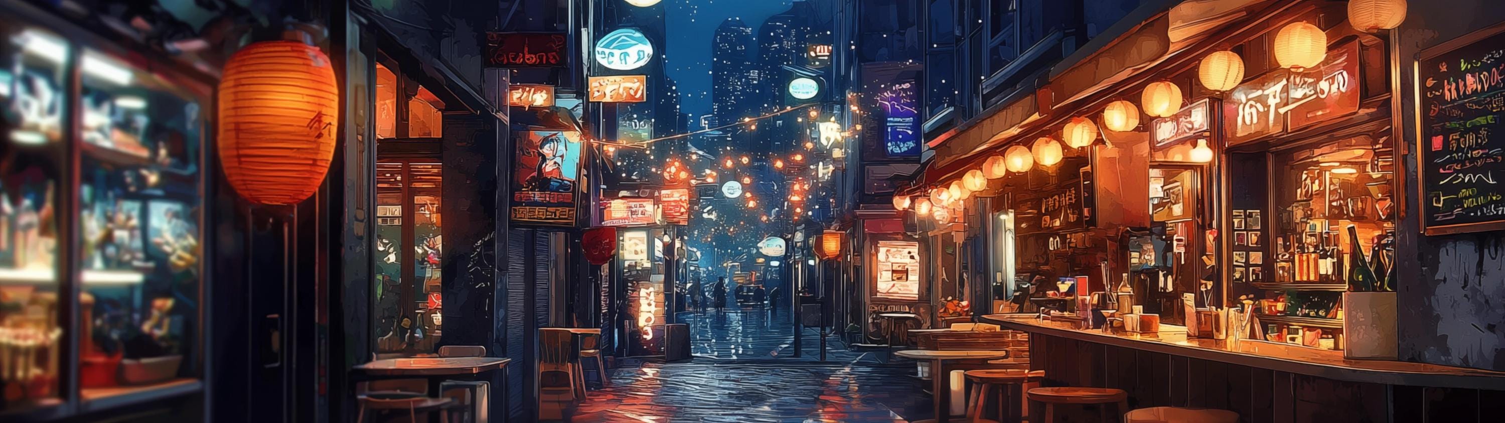 3000x843 Cozy Anime Town Dual Monitor Wallpaper High Resolution Digital Art