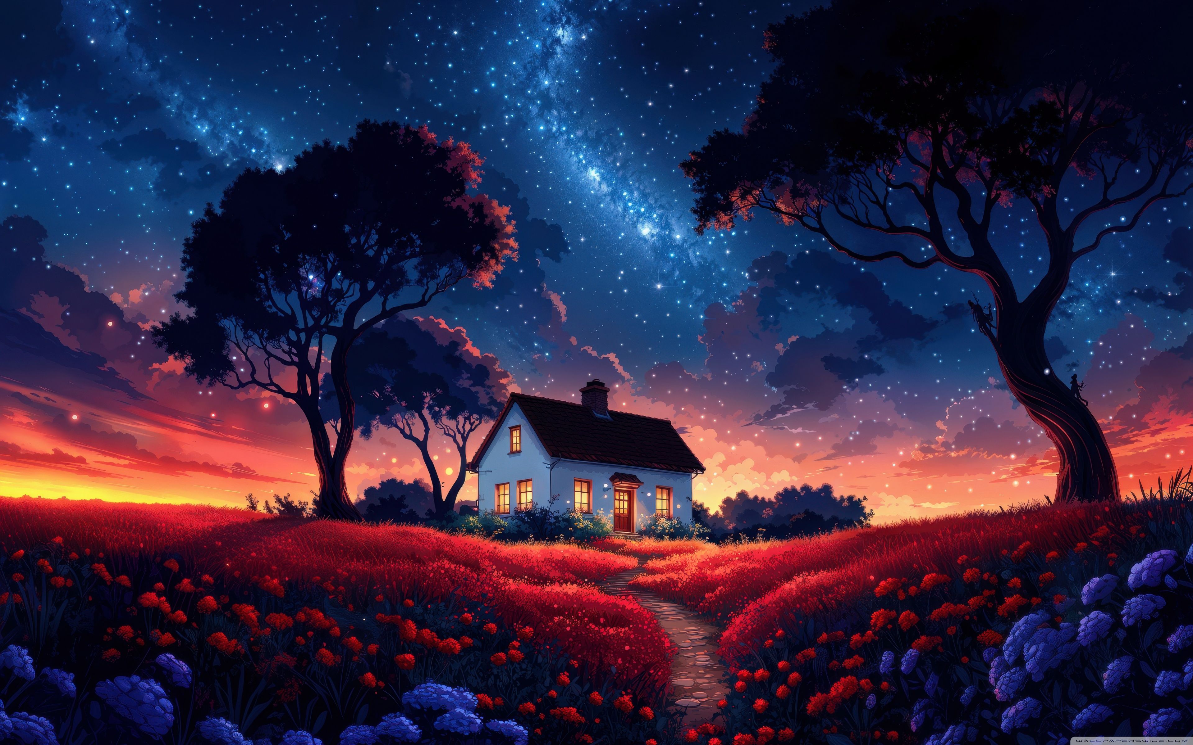 3840x2400 Starry Night Over a Cozy Cottage 4K UHD Wallpaper for UltraHD Desktop and TV : Widescreen and UltraWide Display : Dual Monitor : Smartphone and Tablet Devices