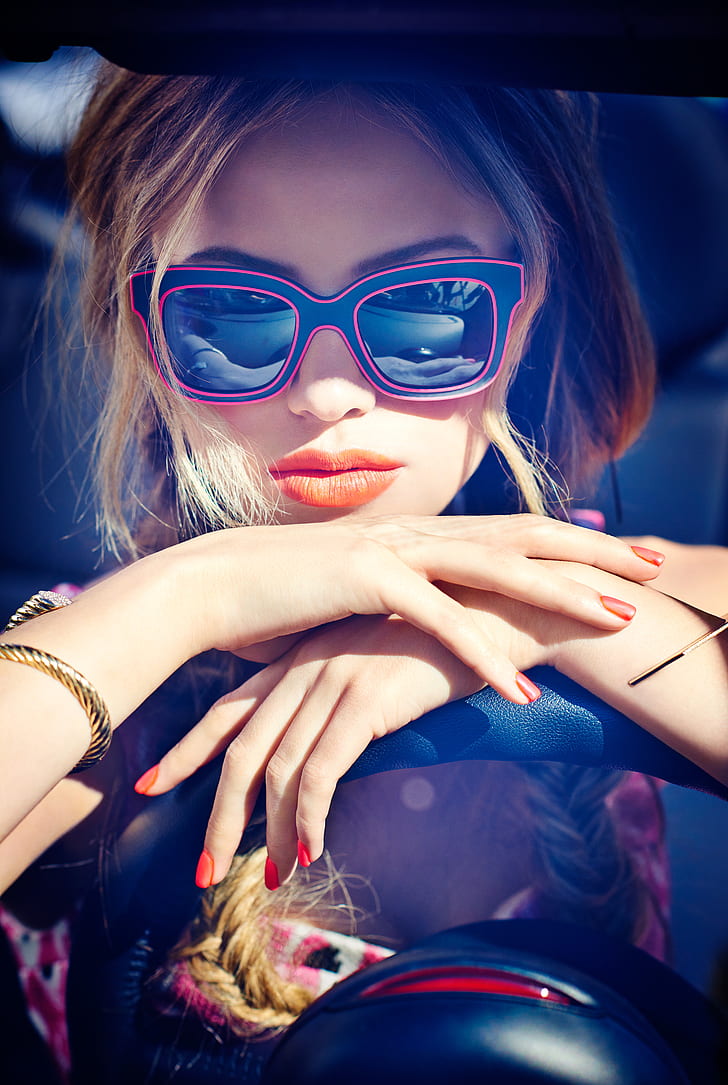 728x1085 HD wallpaper: Halston Sage, actress, women, women with shades, painted nails