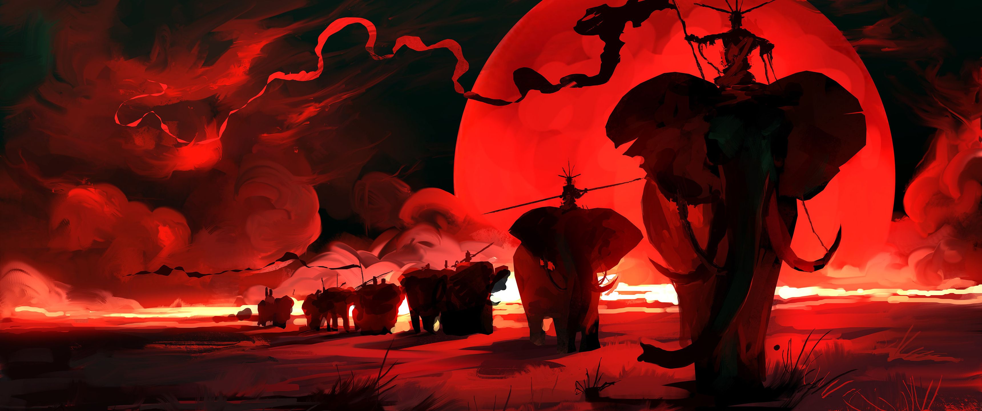 3440x1440 Elpehant Red Moon Digital Art 4k UltraWide Quad HD 1440P , HD 4k Wallpaper, Image, Background, Photos and Picture