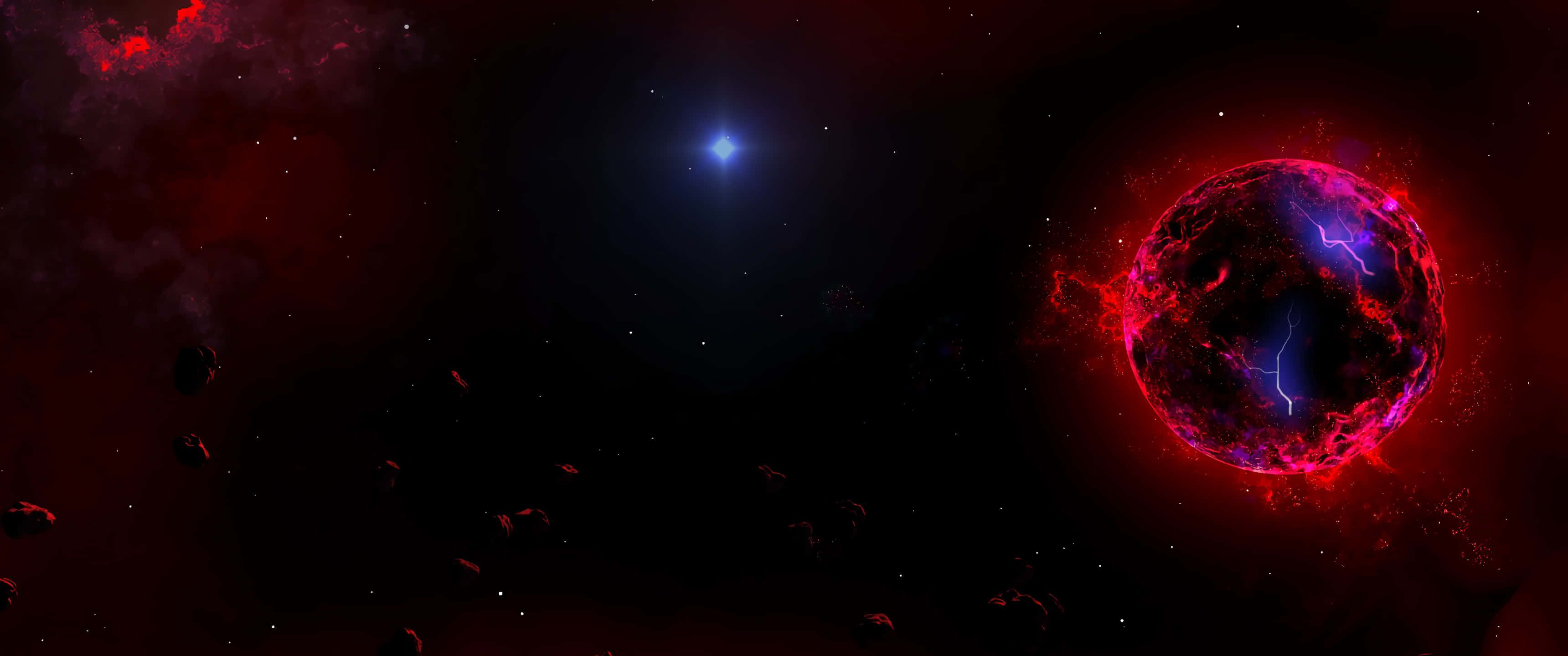 3440x1440 Download a red and blue space background with a red star Wallpaper