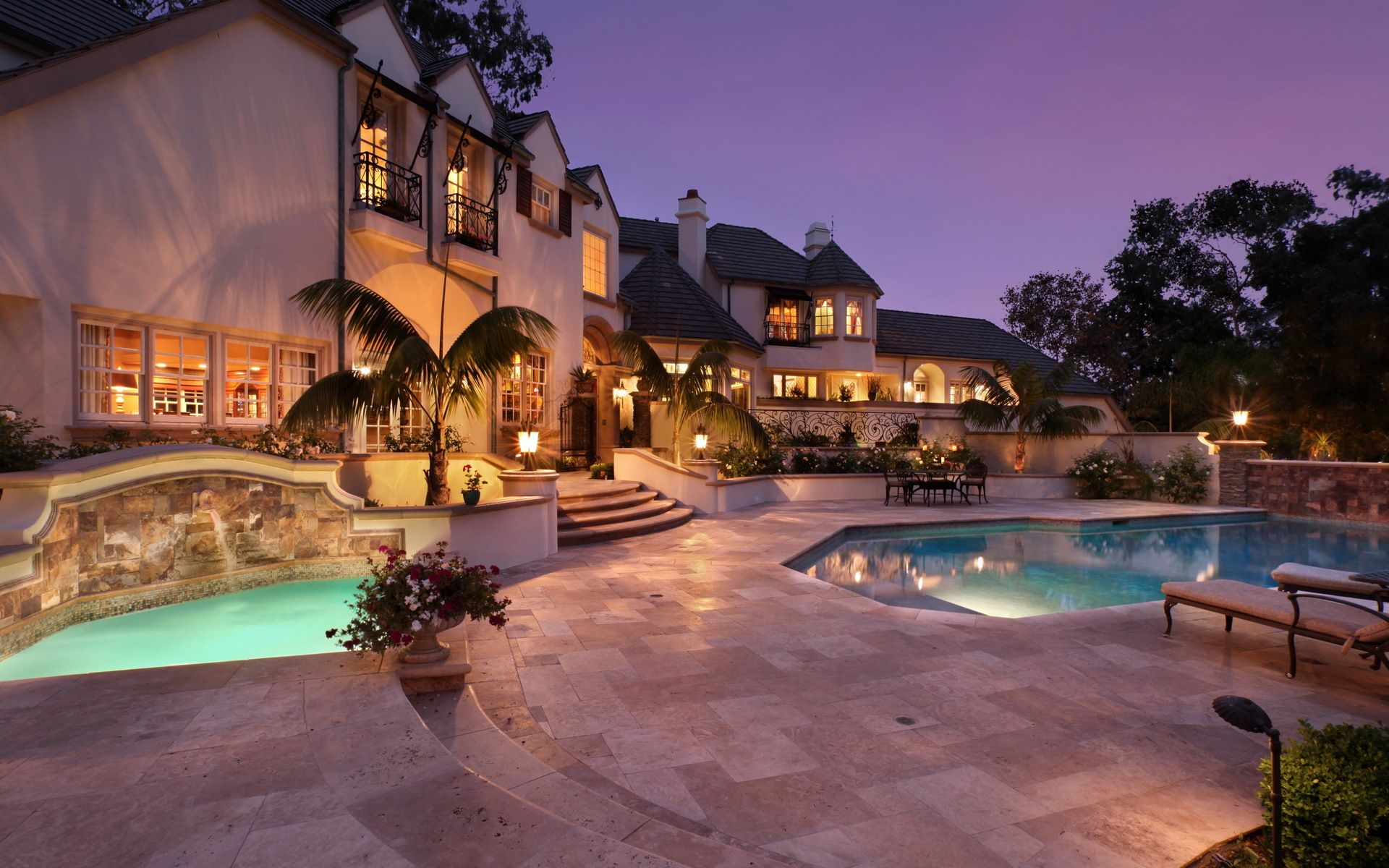 1920x1200 Wallpaper flowers, design, lights, palm trees, Villa, home, the evening, pool for mobile and desktop, section пейзажи, resolution 1920x1200