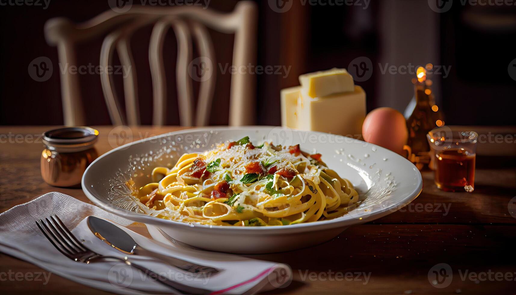 1715x980 Pasta Carbonara. Spaghetti with bacon, parsel and parmesan cheese. Pasta Carbonara on white plate with parmesan on dark background. Italian food concept