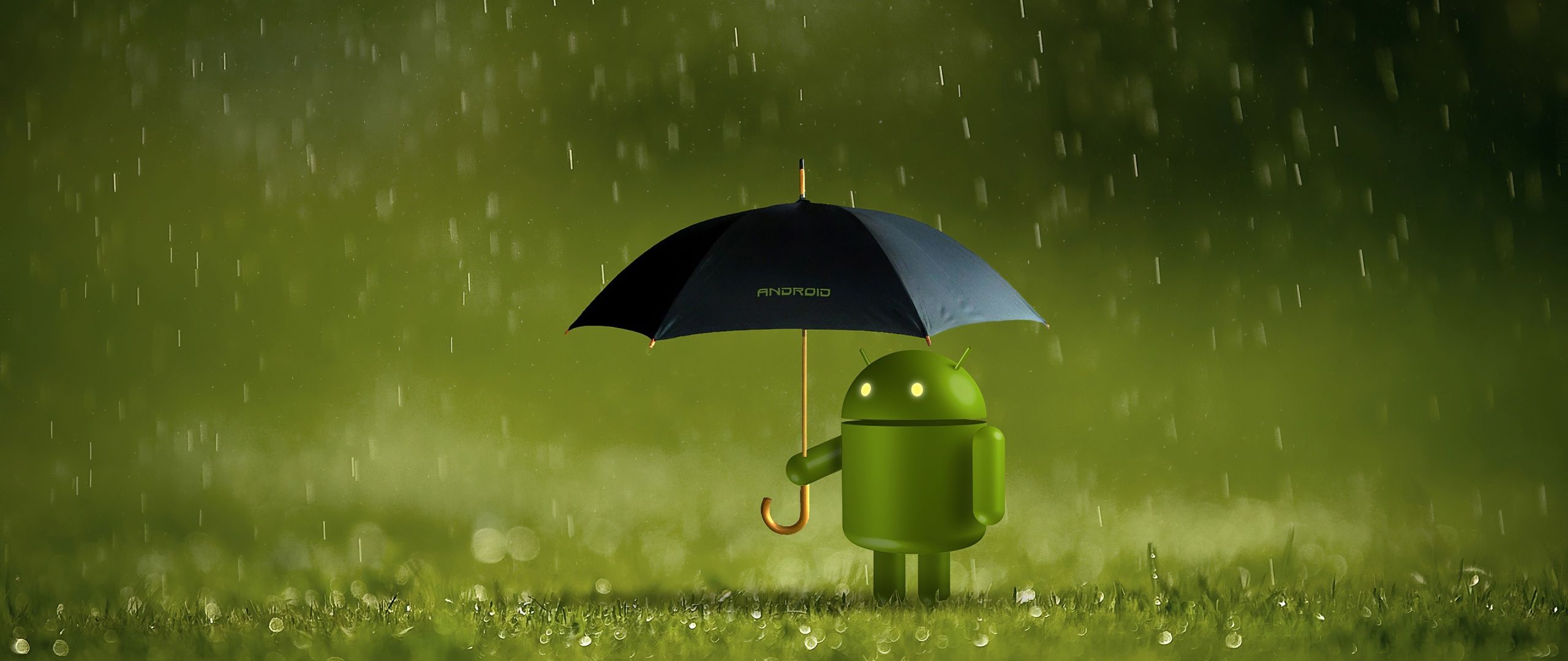 2560x1080 Android logo Wallpaper 4K, Android robot, Umbrella, Rain