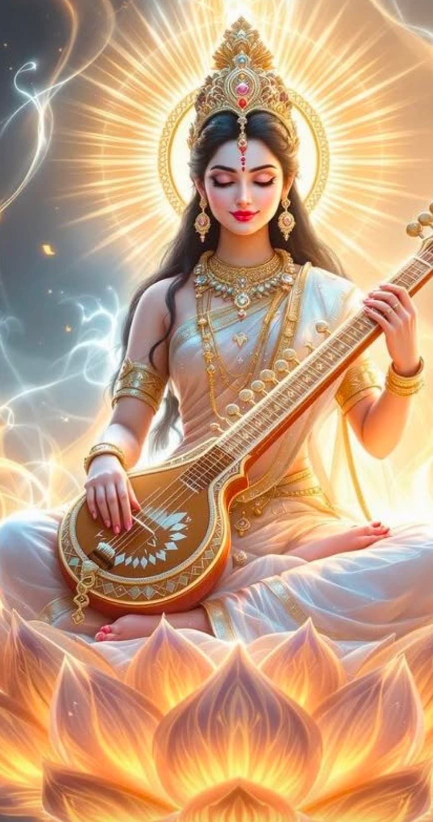 867x1646 Goddess Saraswati Idol with Veena and Lotus