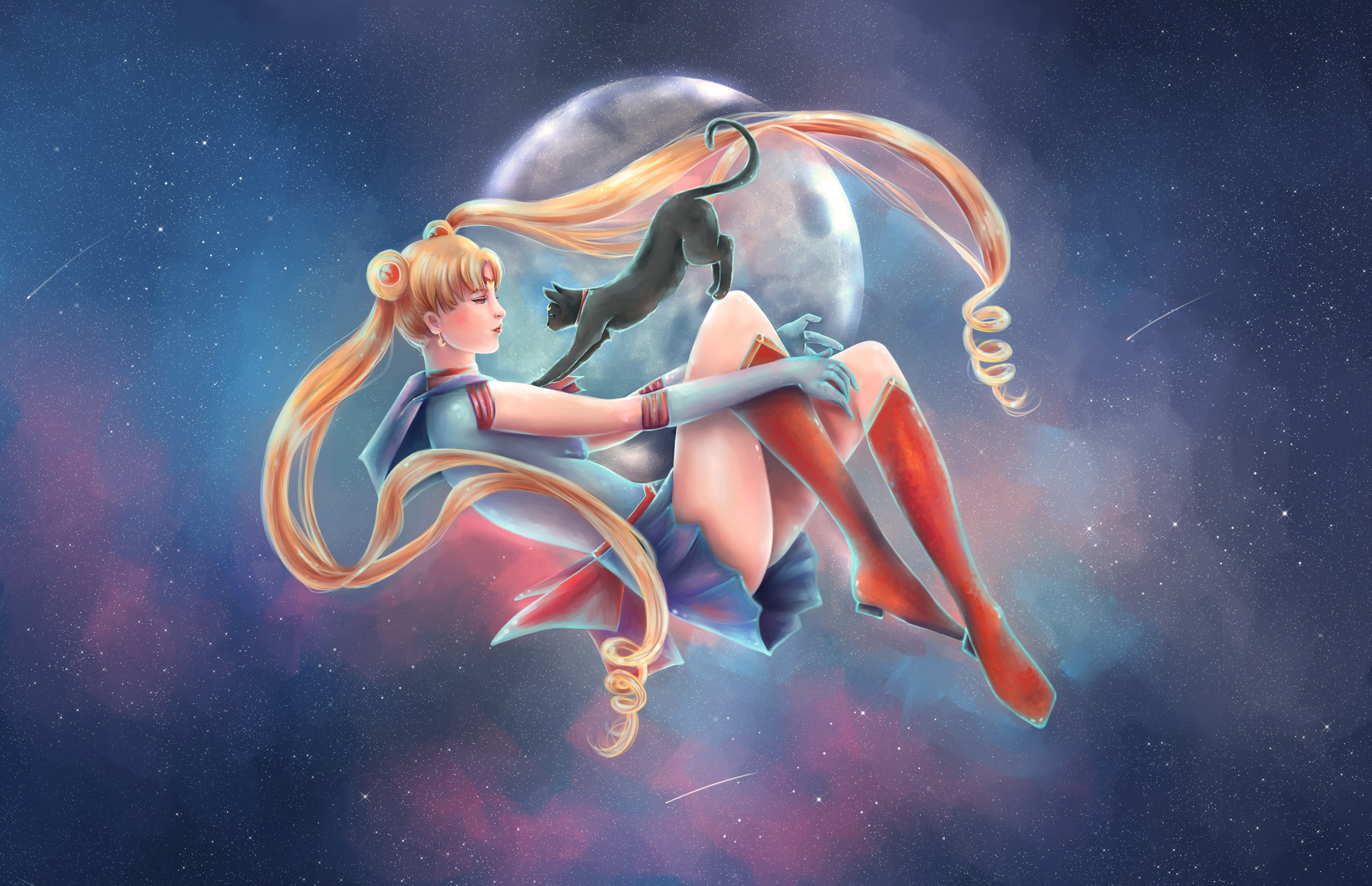 5591x3609 Wallpaper cat, girl, stars, the moon, art, Bishoujo Senshi Sailor Moon, sailor, Luna for mobile and desktop, section прочее, resolution 5591x3609