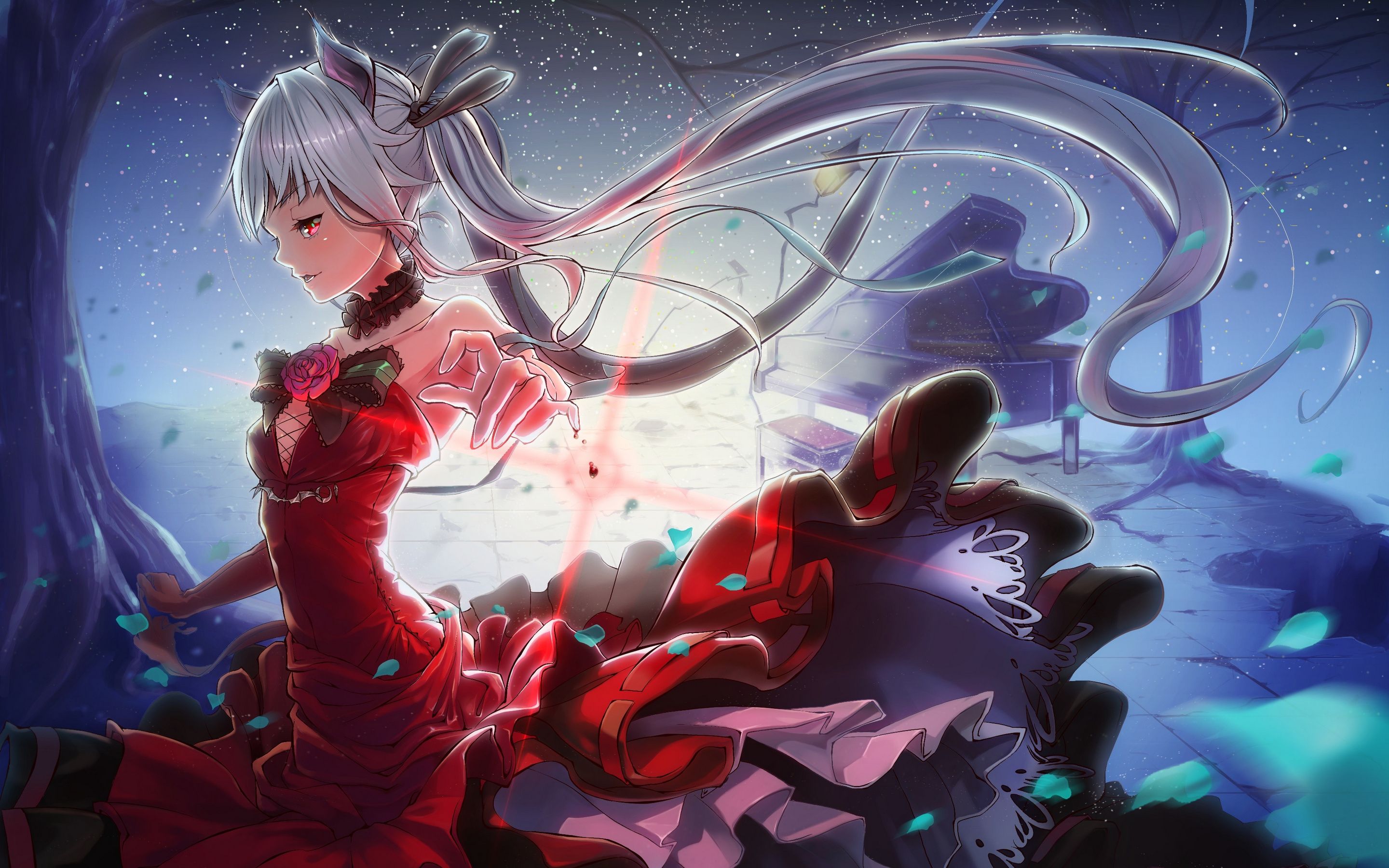 2880x1800 Phone wallpaper: Piano, Night, Bishoujo Mangekyou Norowareshi Densetsu No Shoujo, Anime, Dress, Red Eyes, Twintails 643166