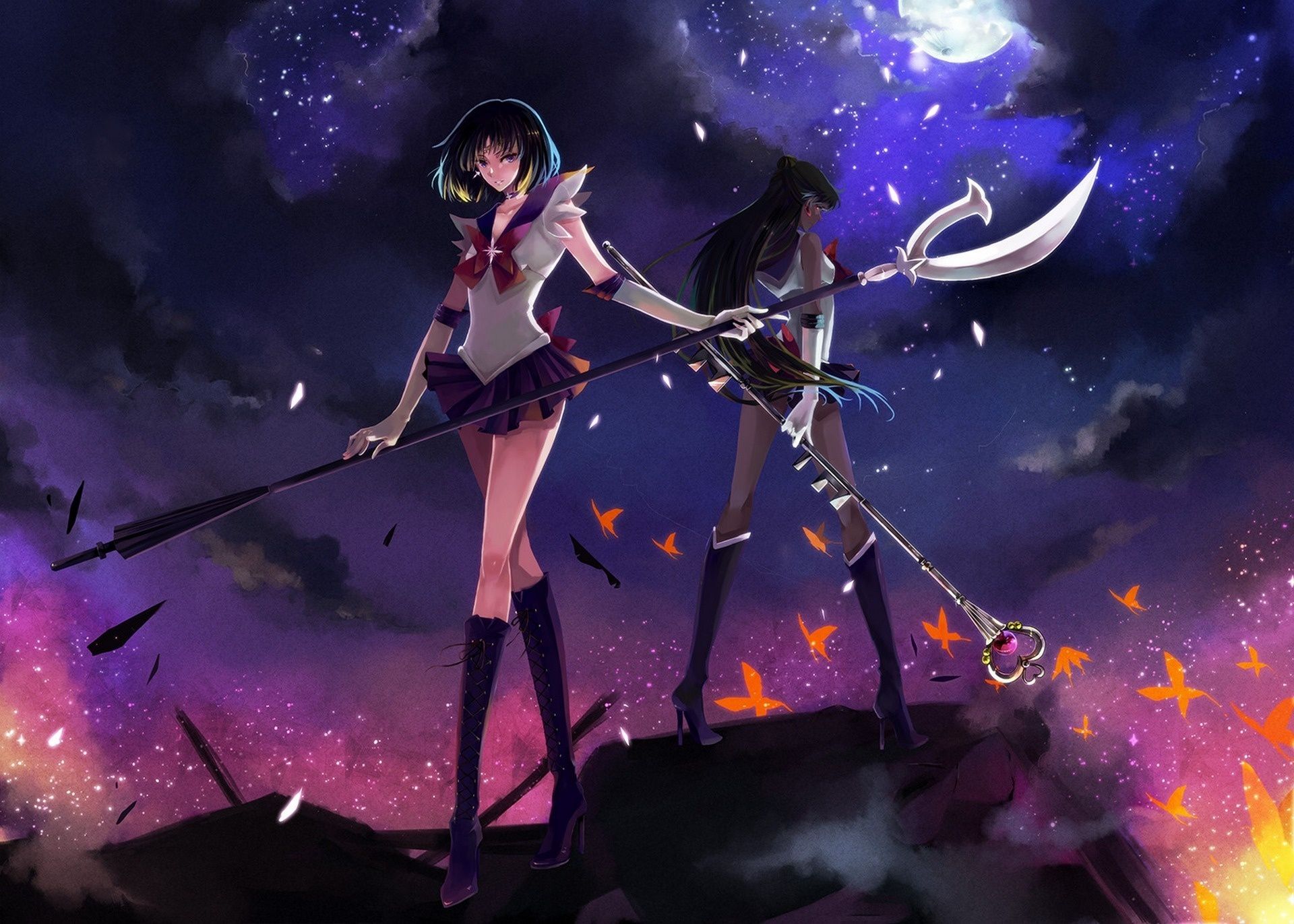 1920x1372 Wallpaper the sky, girl, stars, clouds, night, lights, weapons, the moon for mobile and desktop, section аниме, resolution 1920x1372