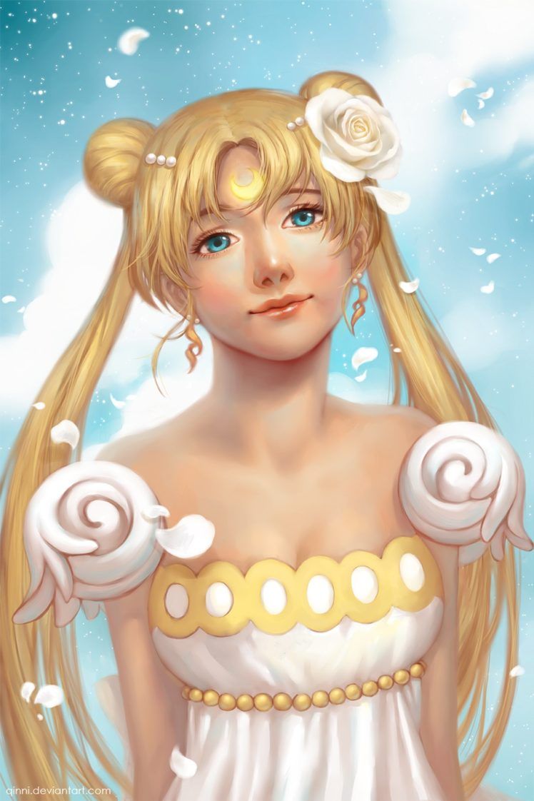 748x1122 anime, Series, Bishoujo, Senshi, Sailor, Moon, Blonde, Girl, Long, Hair, White, Dress, Petals, Beautiful Wallpaper HD / Desktop and Mobile Background