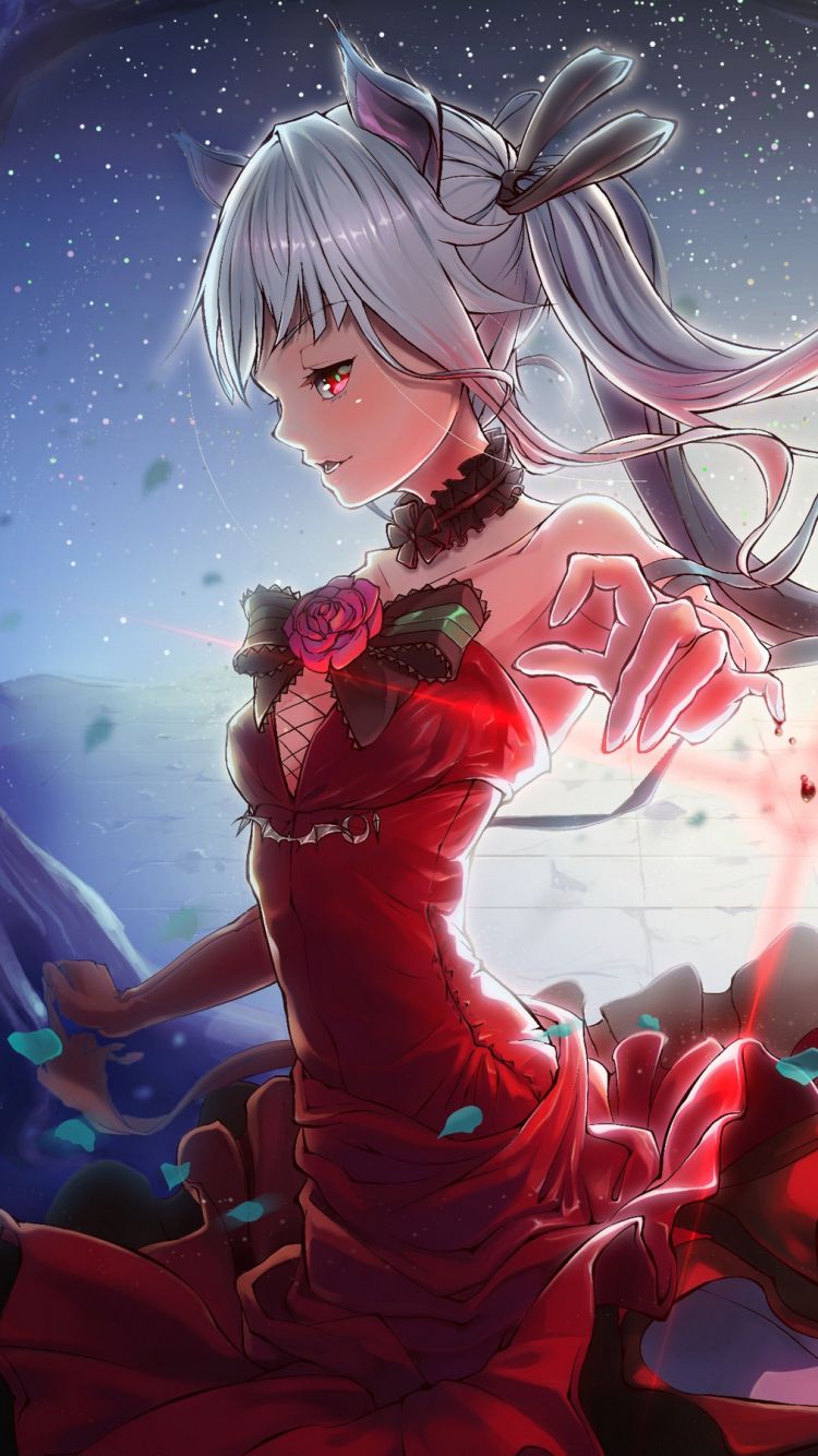 750x1334 Phone wallpaper: Anime, Bishoujo Mangekyou Norowareshi Densetsu No Shoujo, Twintails, Piano, Dress, Red Eyes, Night 1297019