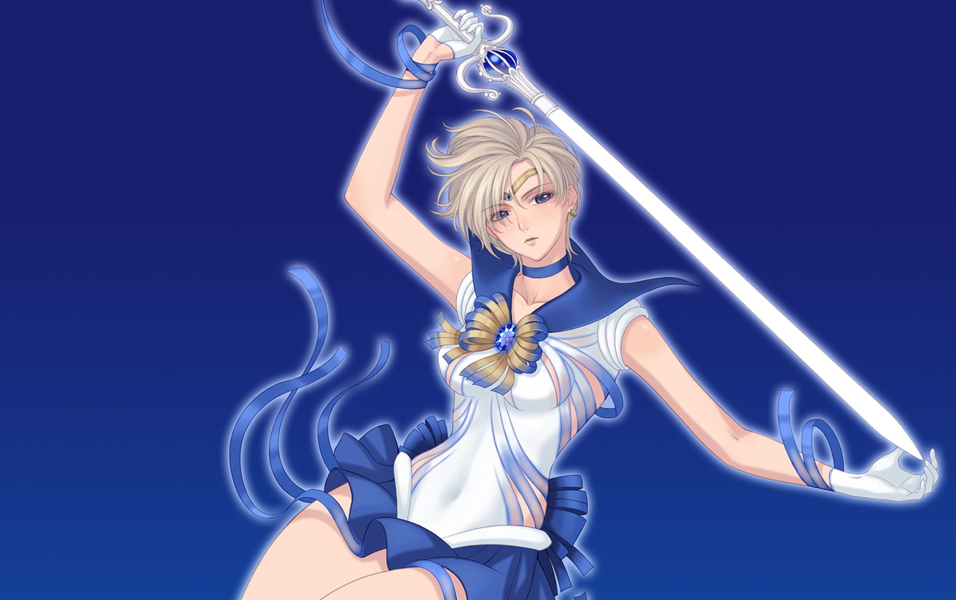 1923x1208 Wallpaper girl, blue, sword, form, Bishoujo Senshi Sailor Moon, sailor uranus, Tenou Haruka for mobile and desktop, section аниме, resolution 1923x1208