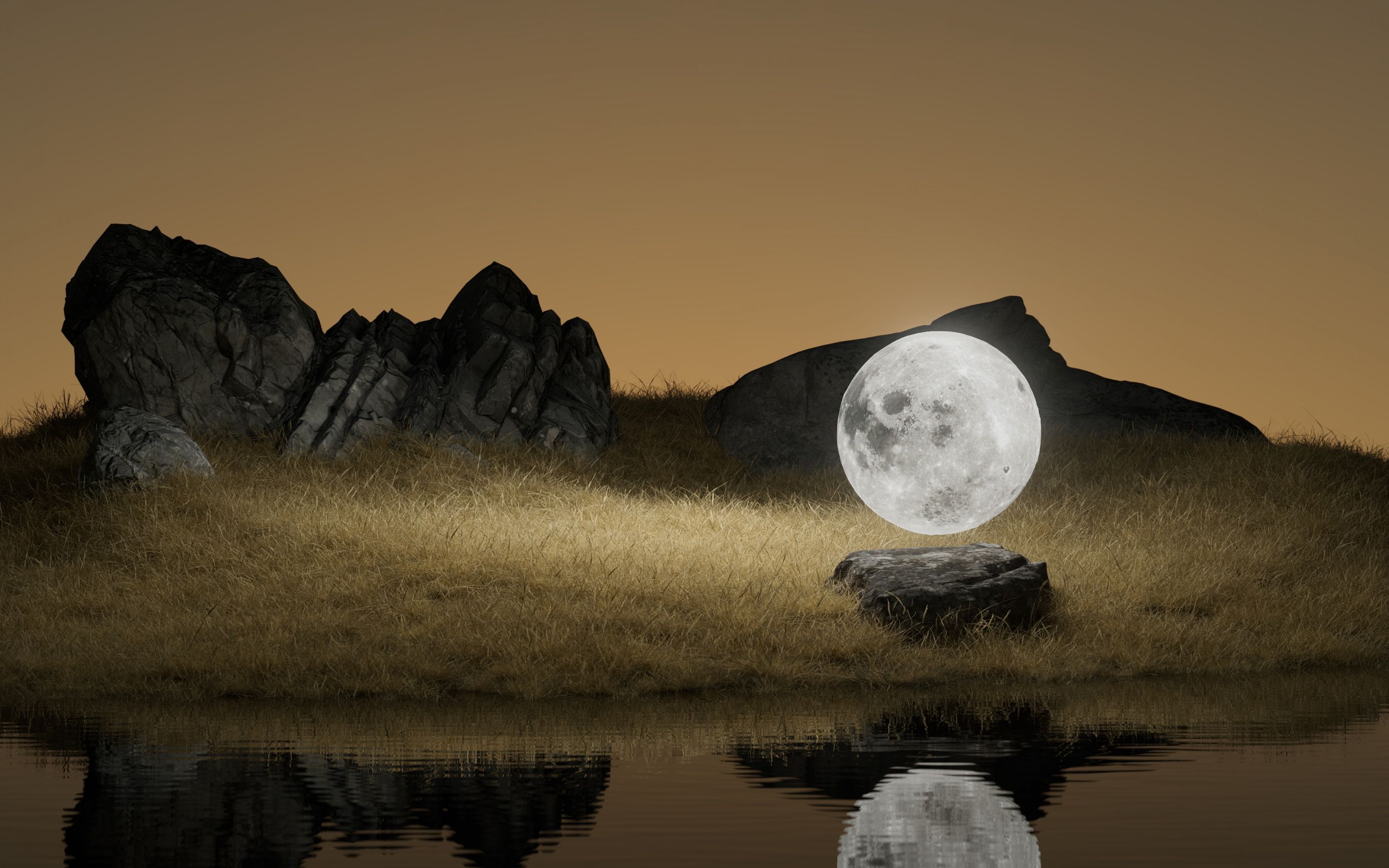 2880x1800 Full moon Wallpaper 4K, Landscape, Rocks, Body of Water