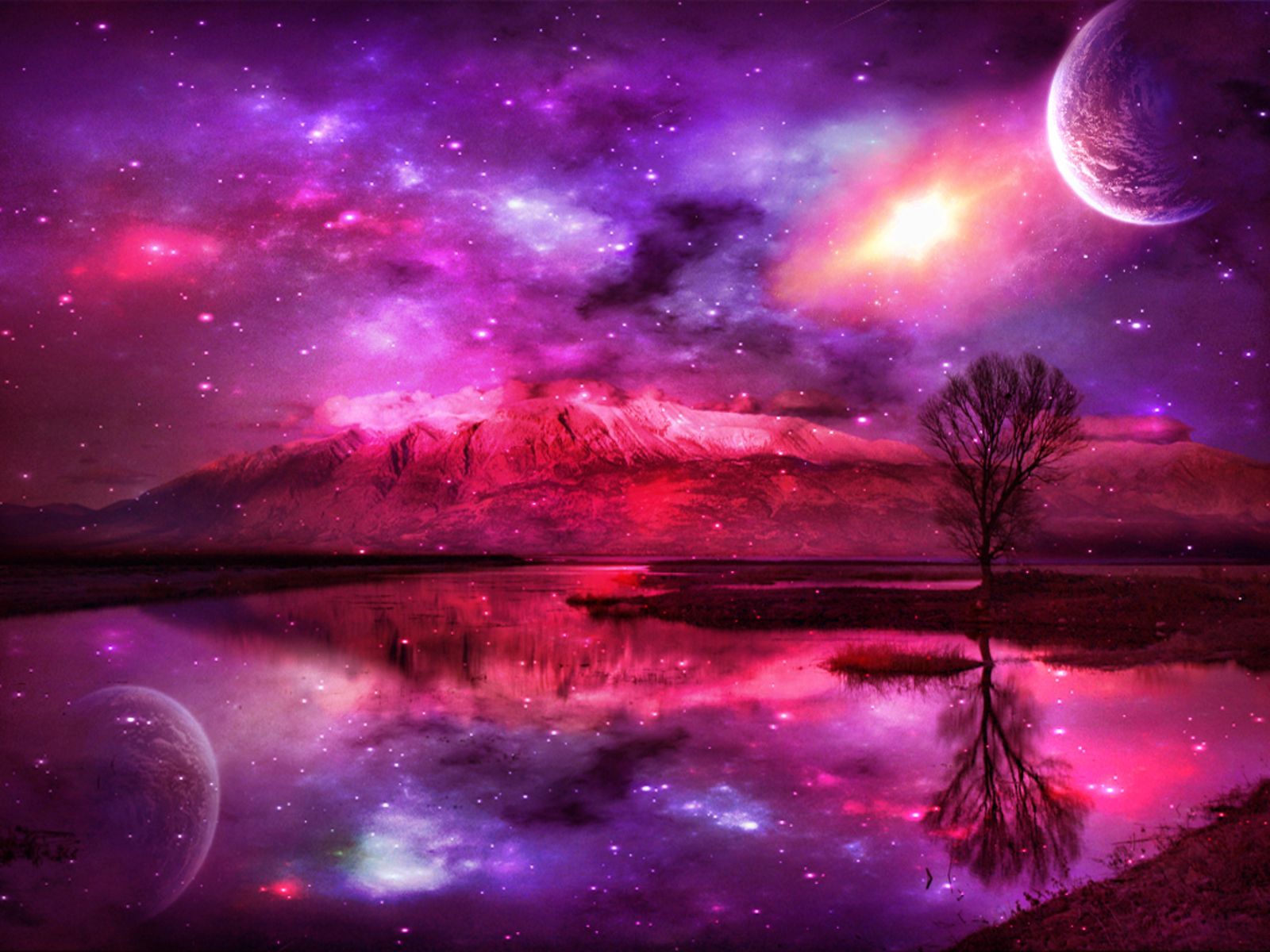 1600x1200 Desktop wallpaper: Moon, Landscape, Purple, Lake, Fantasy 4K free download for PC. 246975