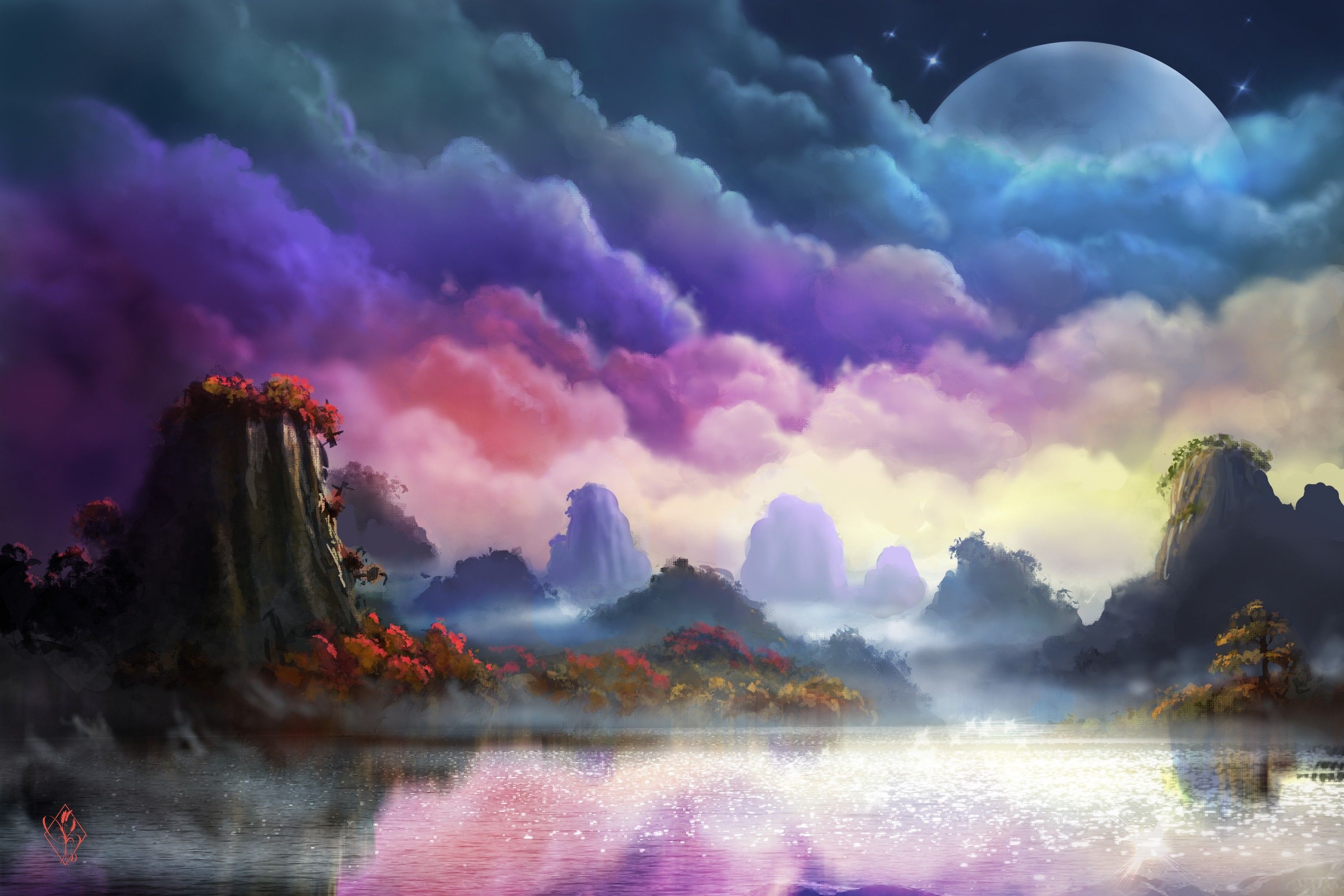 3054x2037 Moon, Landscape, Painting Wallpaper HD / Desktop and Mobile Background