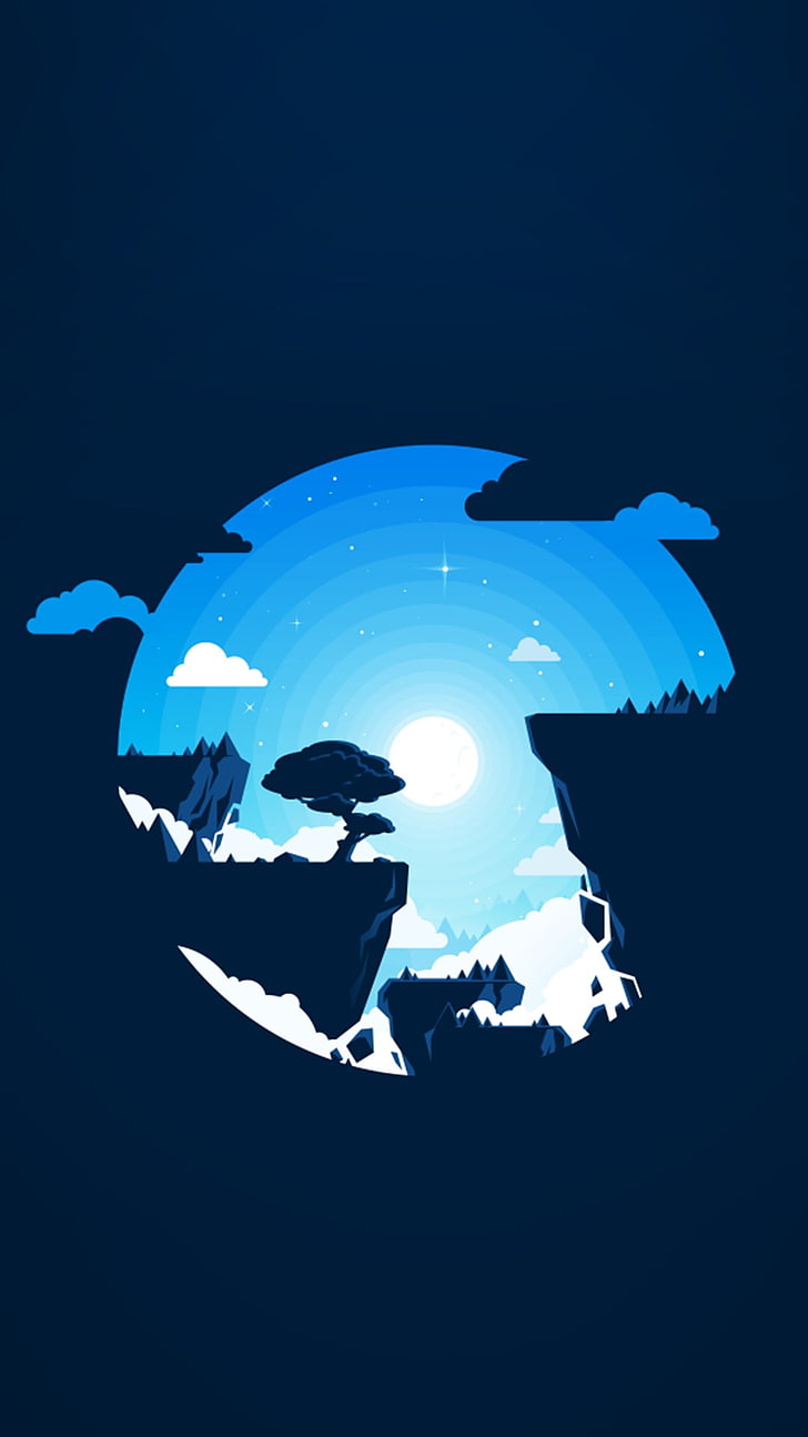 728x1294 HD wallpaper: blue and white mini planet illustration, material style, minimalism