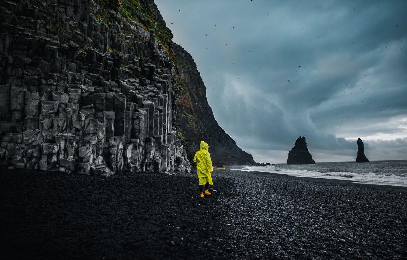 1332x850 Wallpaper wallpaper, beach, sky, sea, coast, background, mountains, rocks, landscapes, birds, man, moss, gloomy, 4k ultra HD image for desktop, section пейзажи