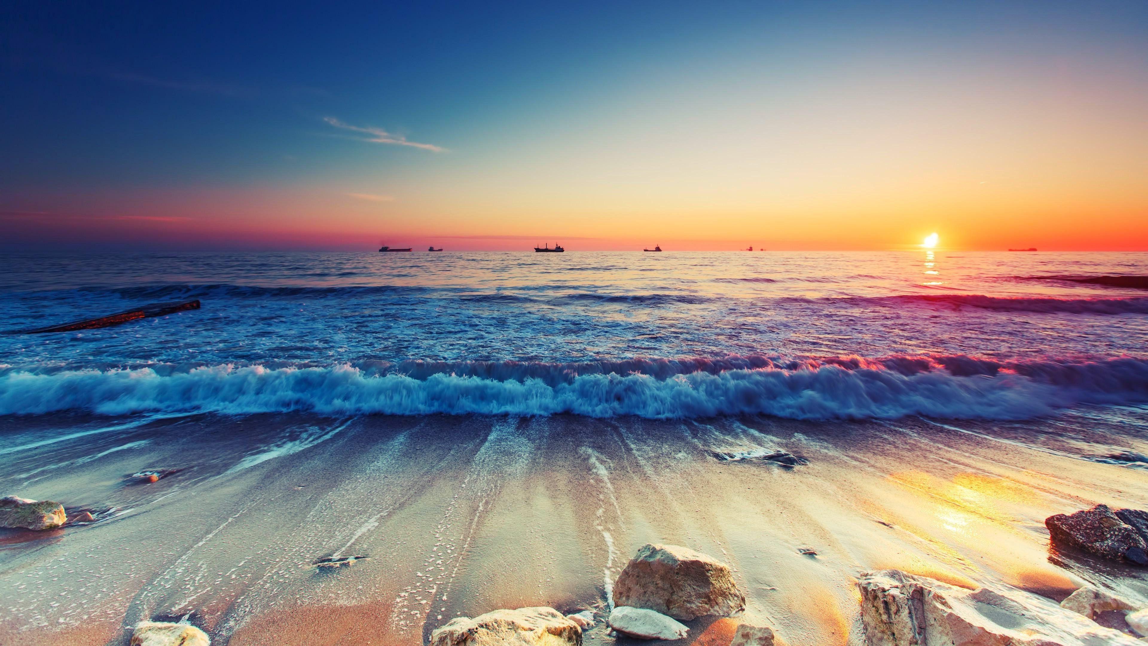 3840x2160 sunset, Beach, Waves Wallpaper HD / Desktop and Mobile Background
