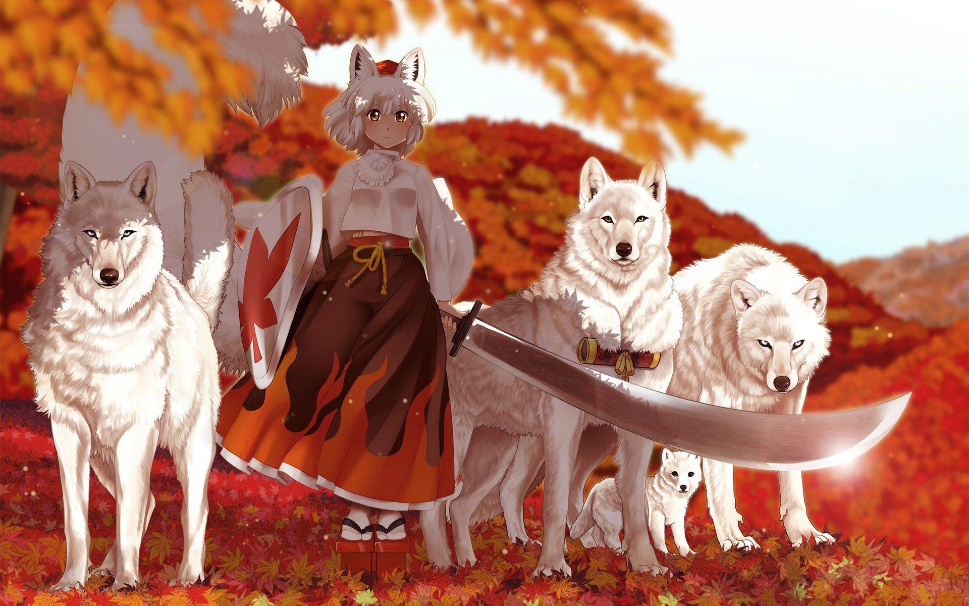 1920x1200 anime, Girl, Kimono, Sword, Wolf, Autumn Wallpaper HD / Desktop and Mobile Background