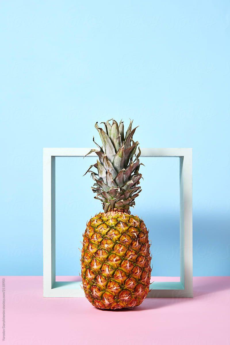 800x1200 Tropical Pineapple Fruit Single Standing Before A White Square Frame On Duotone Pink Blue Background By Yaroslav Danylchenko