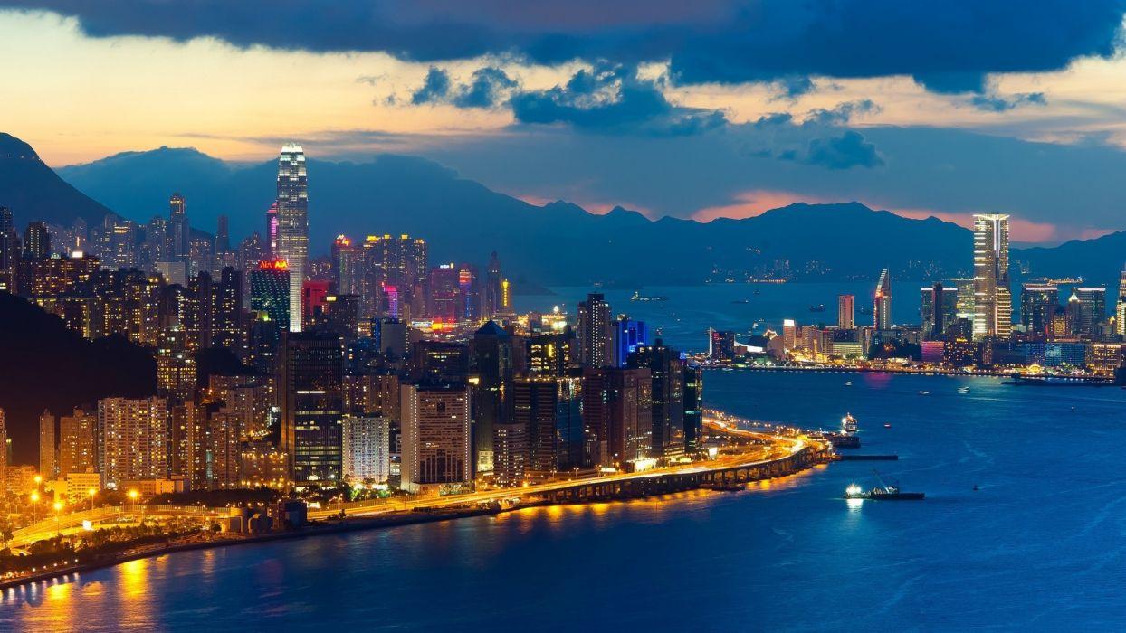 1244x700 Hong Kong world architecture cities buildings skyscrapers night lights hdr window signs neon shore sound bay water vehicles ships skyline cityscape mountains sky clouds sunset sunrise scenic wallpaperx1080