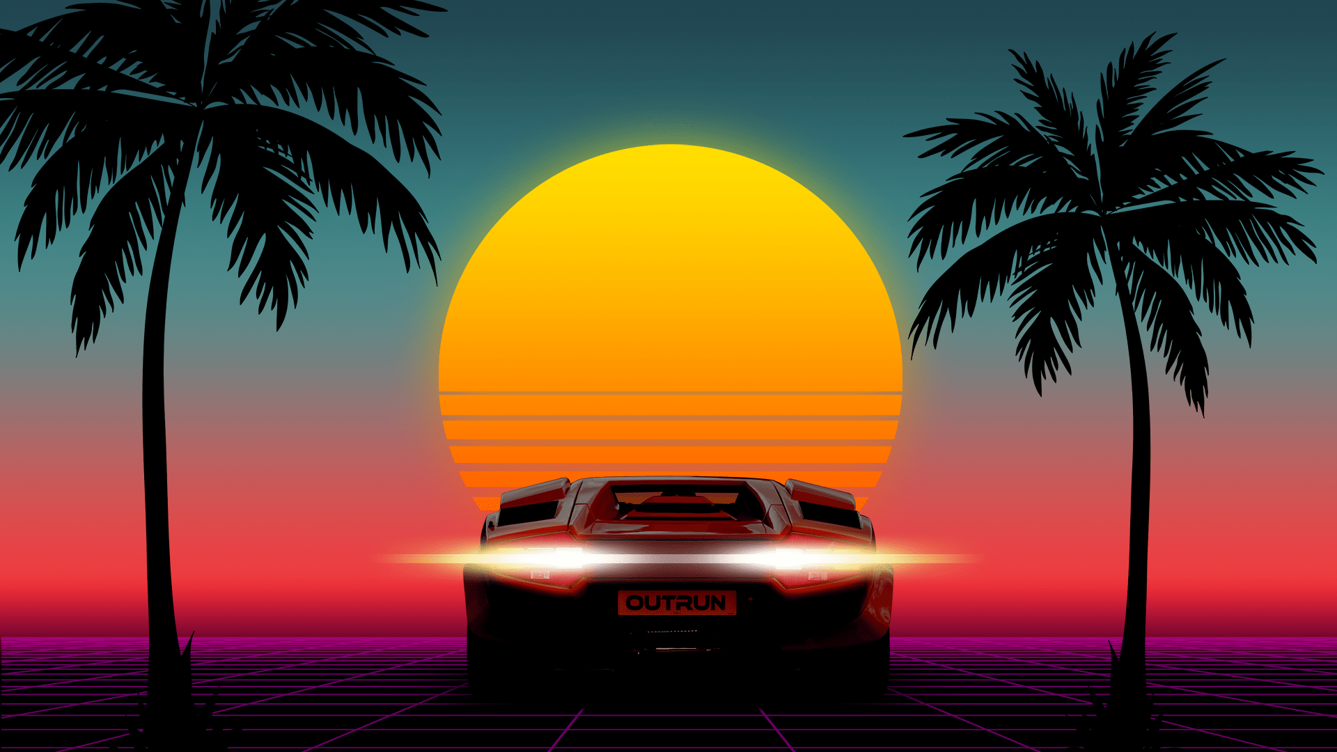 1920x1080 1980s 80s Sunset Car Lamborghini Palm Trees 8 Bit Neon OutRun Wallpaper:1920x1080