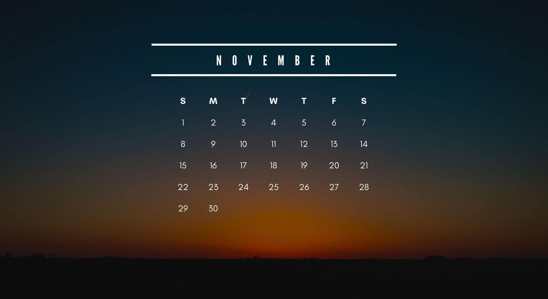 1920x1048 Free Download November 2020 Calendar Desktop Wallpaper