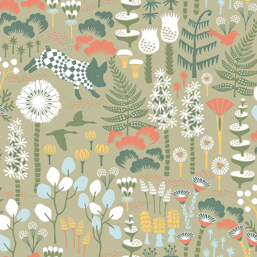 1000x1000 Wall Vision Hoppet Green Folk Wallpaper. The Home Depot Canada
