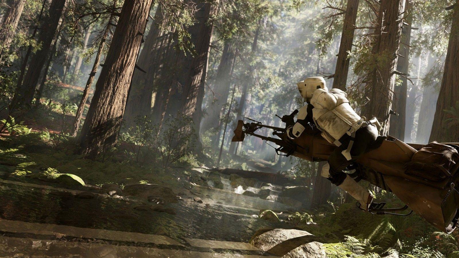 1600x900 #Star Wars, #Star Wars: Battlefront, #scout trooper, #EA Games, #speeder bike, #Endor, wallpaper. Mocah.org HD Desktop Wallpaper