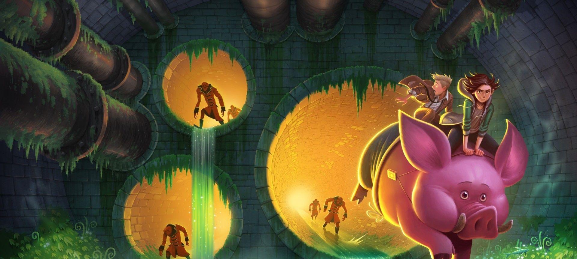 1920x864 Download 1920x864 Hyacinth And The Secrets Beneath, Book Cover, Sewer, Pig, Fish, Artwork Wallpaper