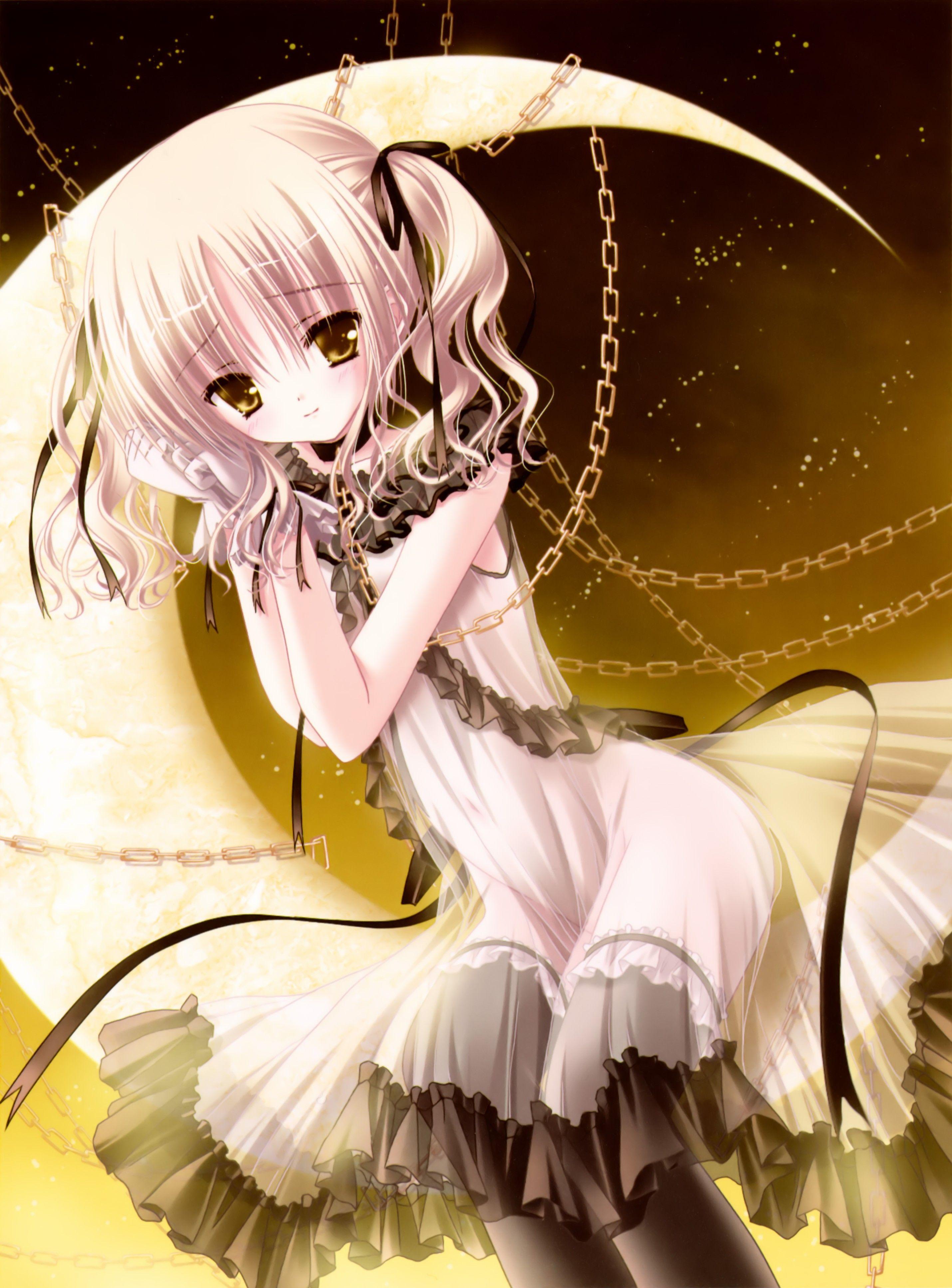 2860x3870 blondes, dress, Moon, ribbons, lolicon, anime, chains, Tinkle Illustrations, anime girls wallpaper