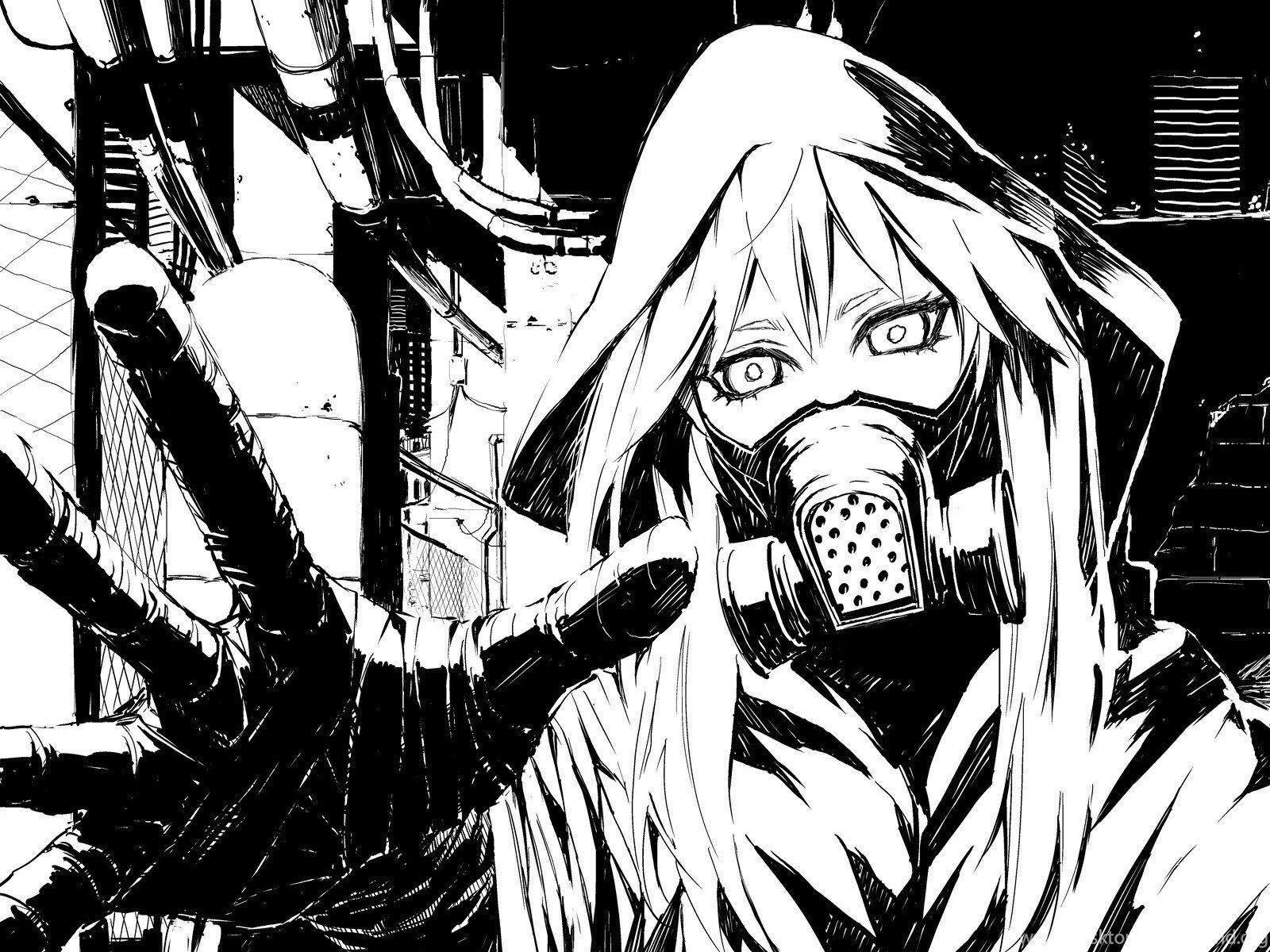 1600x1200 Black And White Vocaloid Gas Masks Drawings Anime Wallpaper. Desktop Background