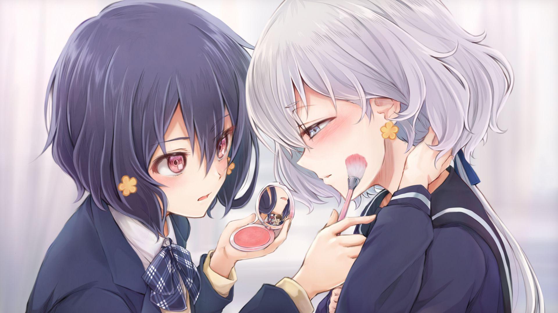 1920x1080 Short Hair Ponytail Blush Gray Hair Blue Hair Red Eyes Blue Eyes Zombieland Saga Zombie 4 Junko Konn Wallpaper:1920x1080
