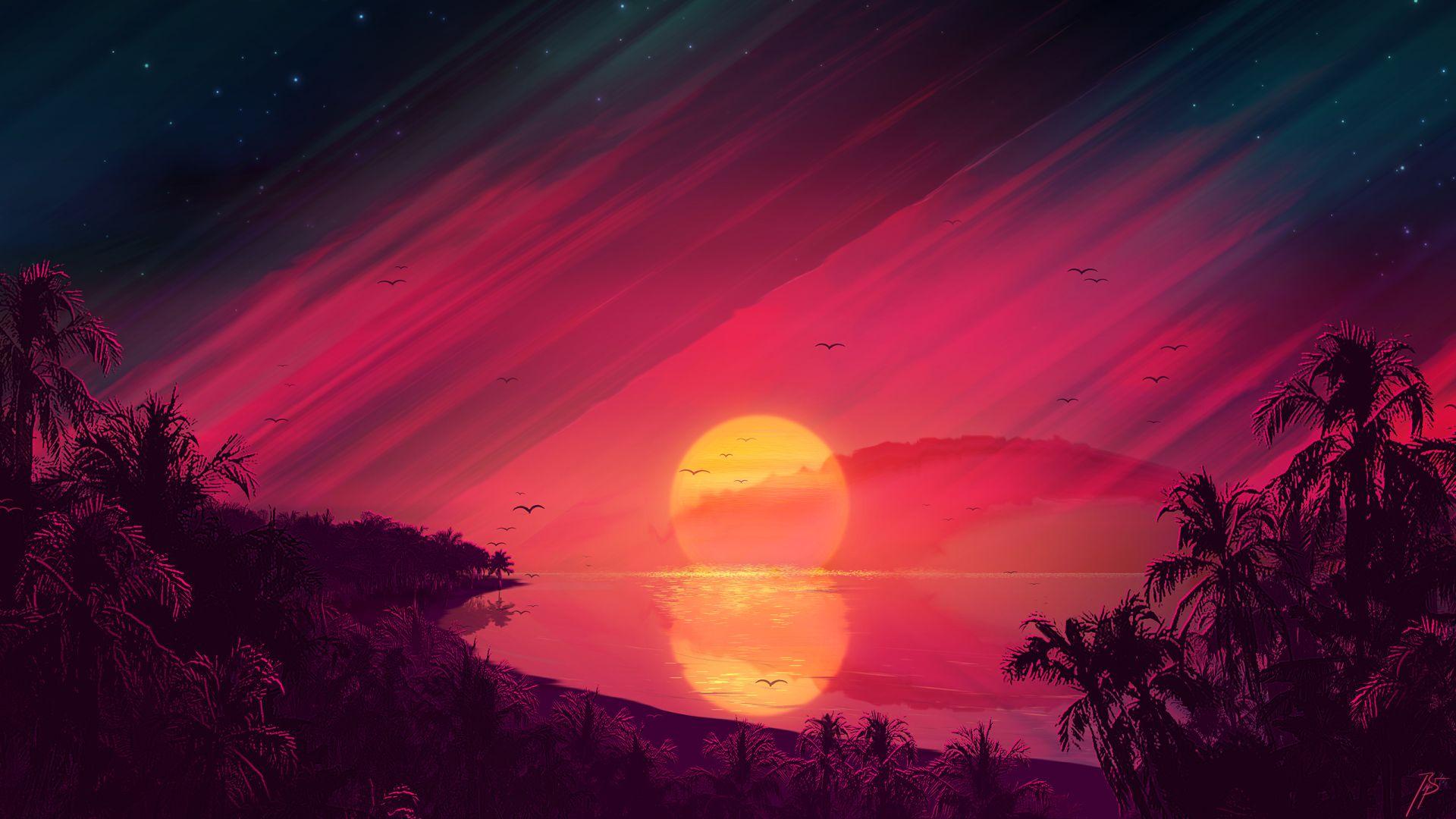 1920x1080 Retro Beach Art 1080P Laptop Full HD Wallpaper, HD Artist 4K Wallpaper, Image, Photo and Background