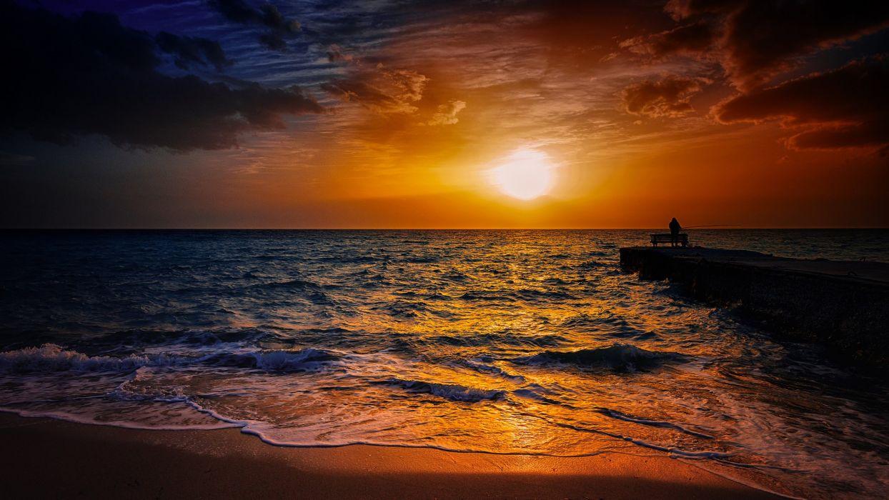1244x700 Pier fisherman sky sun sea bench sunset sunrise mood ocean beach waves wallpaperx1152