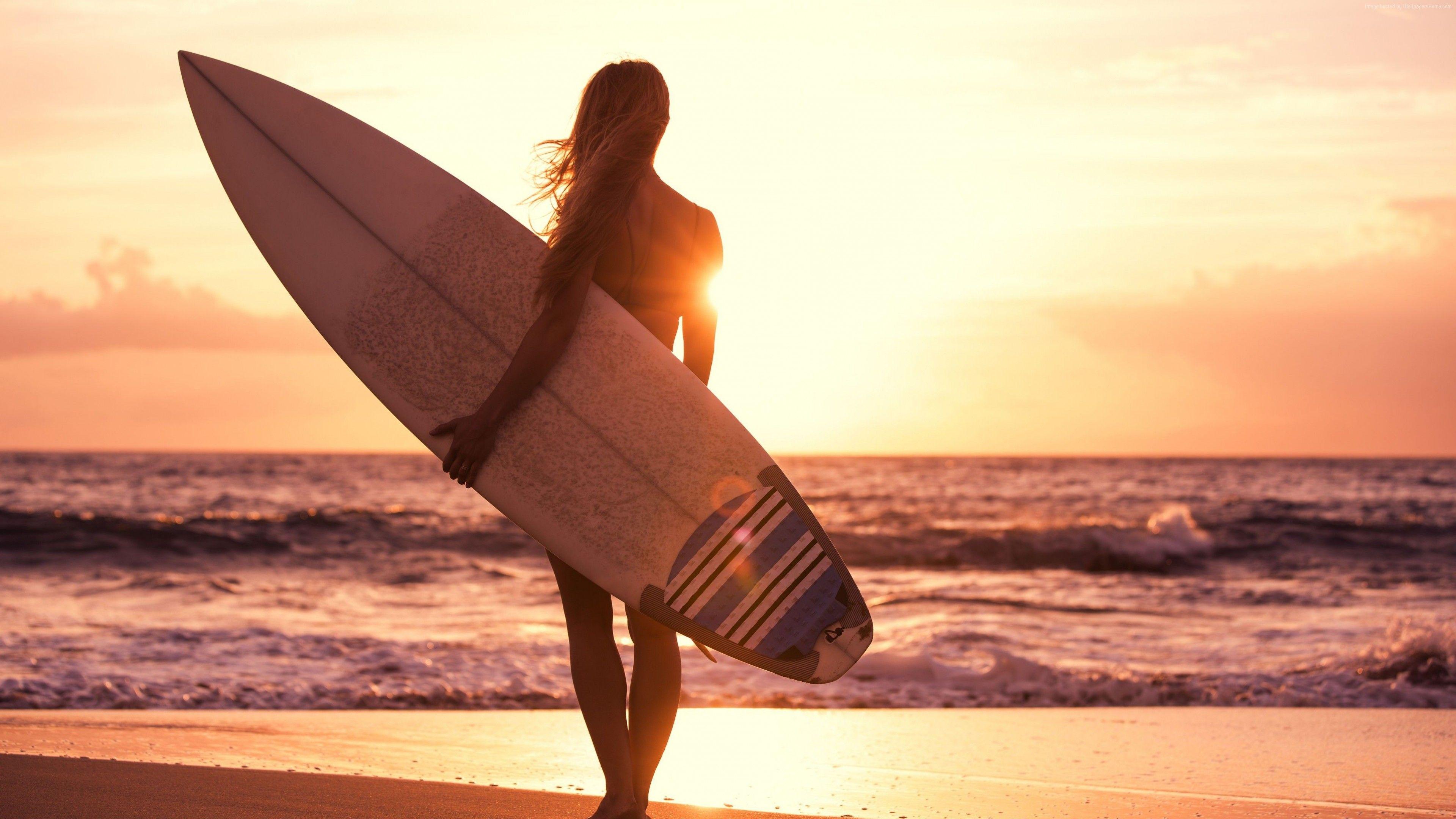 3840x2160 Wallpaper Surfing, girl, beach, sun, sea, Sport