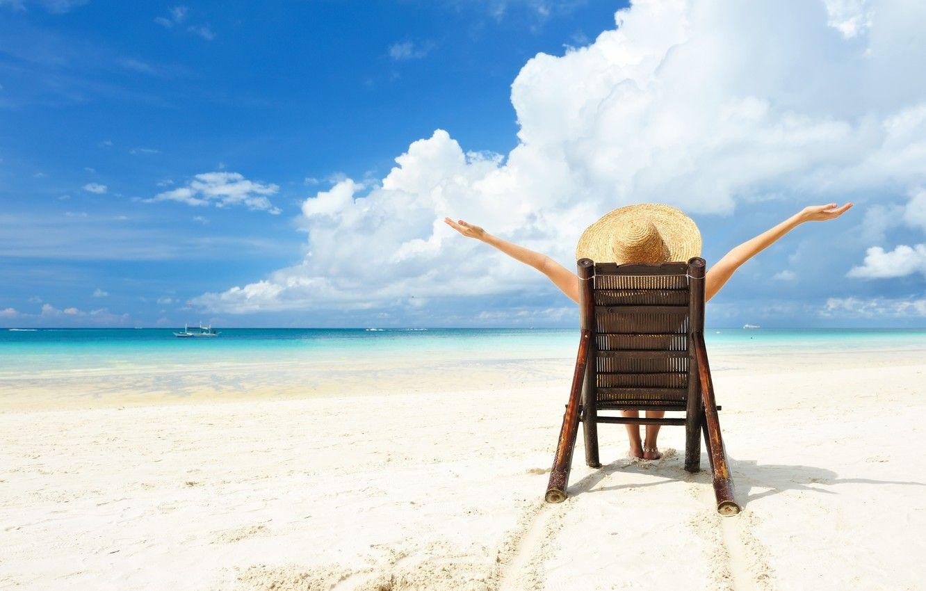 1332x850 Wallpaper relax, light, girl, summer, beach, sky, hat, water, sun, sand, boat, situation, vacation, Sea, beach chairs image for desktop, section ситуации