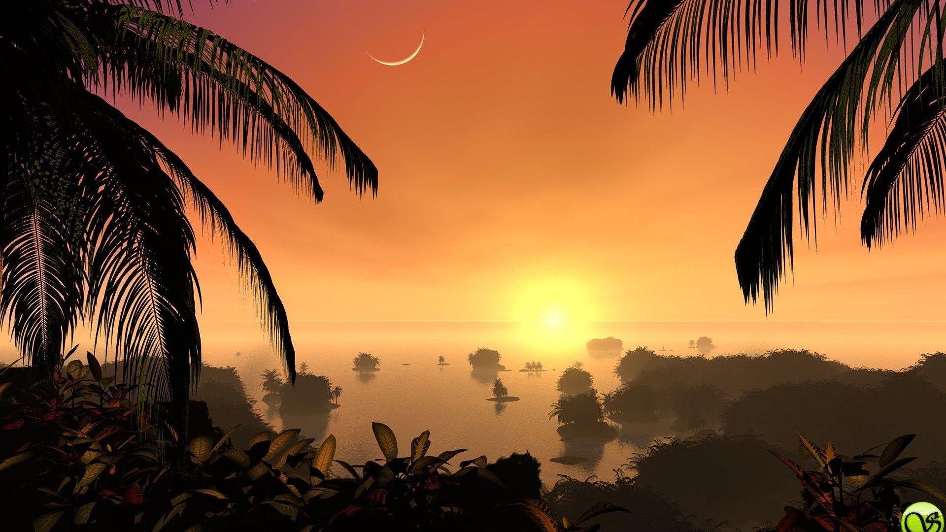 1920x1080 Morning, sun, sunrise, moon, widescreen, background, clouds, forest, beach, wallpaper, sea, boat, mountain