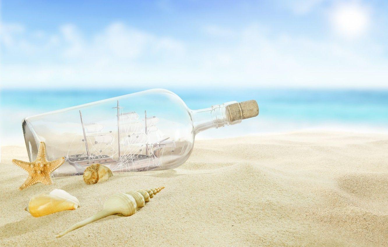 1332x850 Wallpaper beach, sea, sun, sand, letter, bottle, seashells image for desktop, section природа