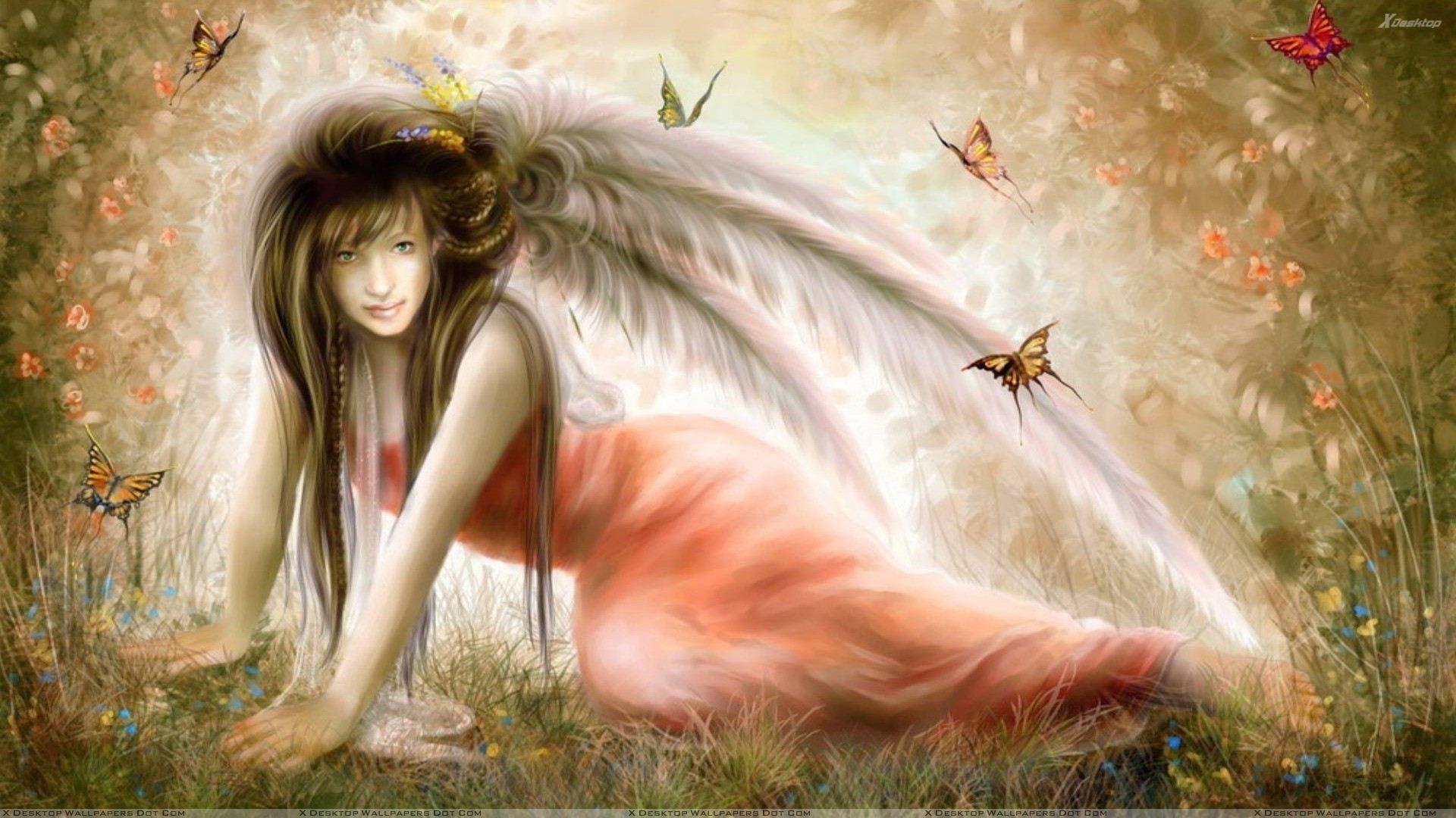 1920x1080 3D Girl Sitting With Butterflies In Red Dress Wallpaper