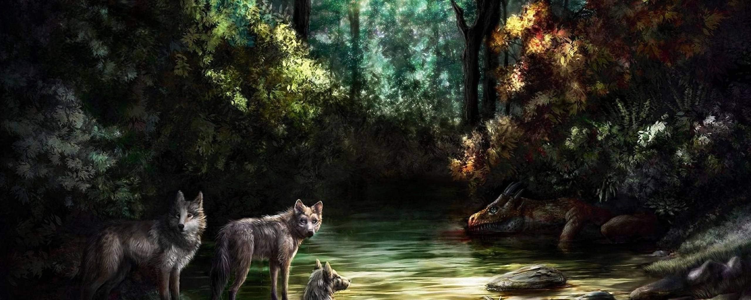 2560x1024 Dragon, Jackals, Waiting, Water, Stones, Forest, Hd, desktop, wallpaper, background, free, photo