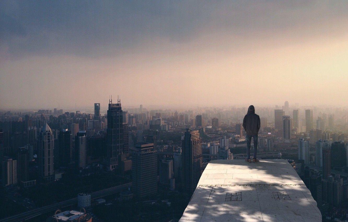 1332x850 Wallpaper city, skyline, fog, alone, man, buildings, cityscape, person, standing, smog image for desktop, section город