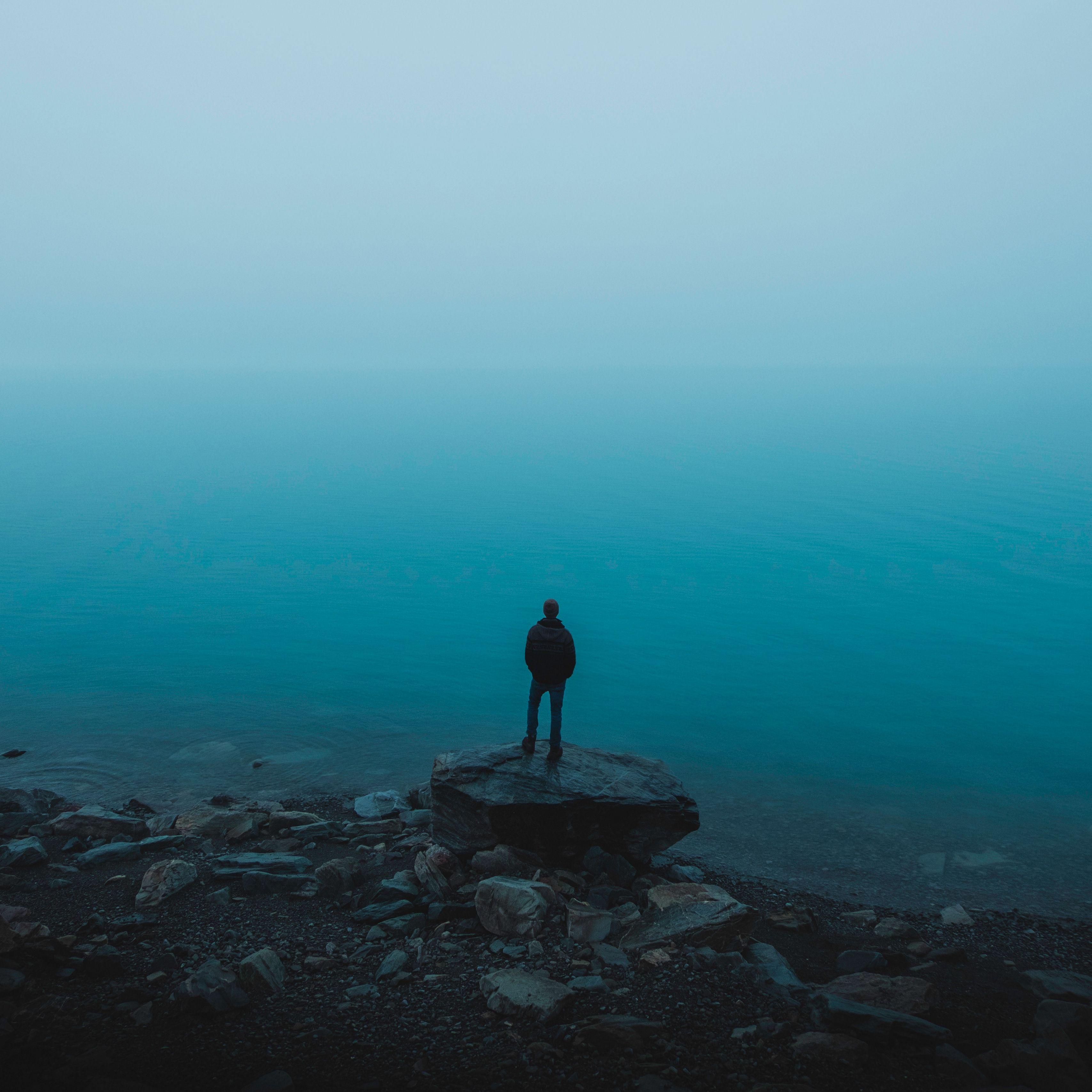 3415x3415 Wallpaper Man, Sea, Stones, Loneliness, Alone HD Wallpaper