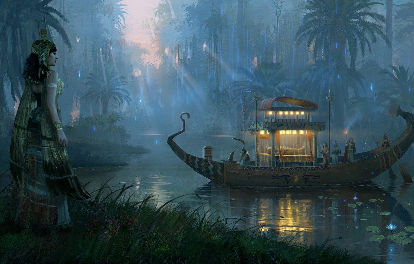 1332x850 Photo Wallpaper River, Palm Trees, Boat, Ritual, Tent, River Fantasy Art Wallpaper & Background Download