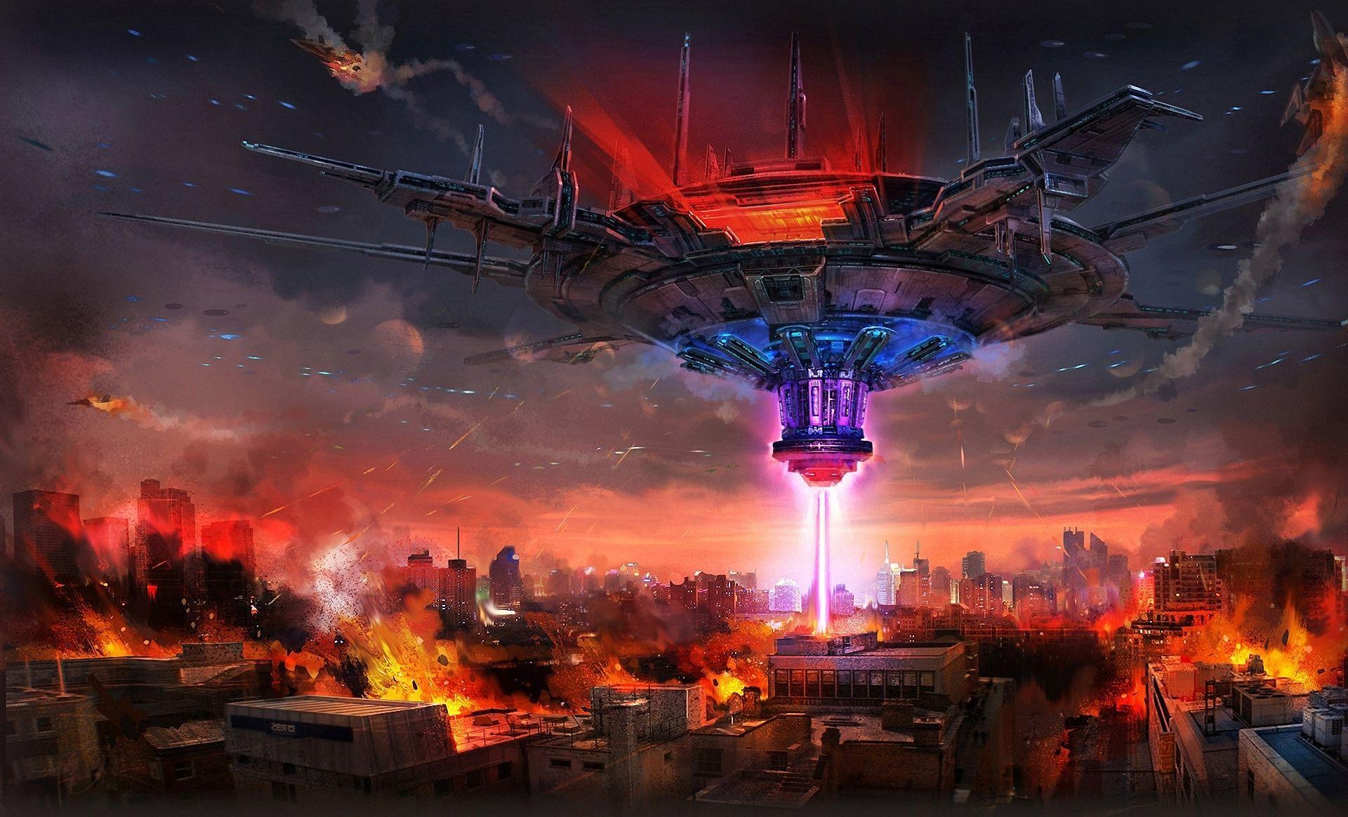 1920x1164 art, Mourad, City, Ship, Beam, Destruction, Fire, Building, Spaceship, Apocalyptic Wallpaper HD / Desktop and Mobile Background