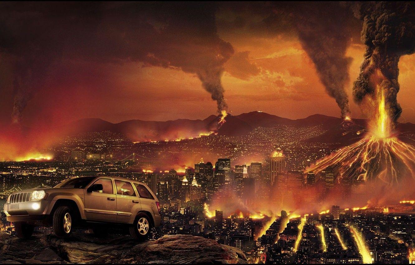 1332x850 Wallpaper the city, fire, Apocalypse, building, destruction, jeep, volcanoes, car, jeep, grand cherokee image for desktop, section рендеринг