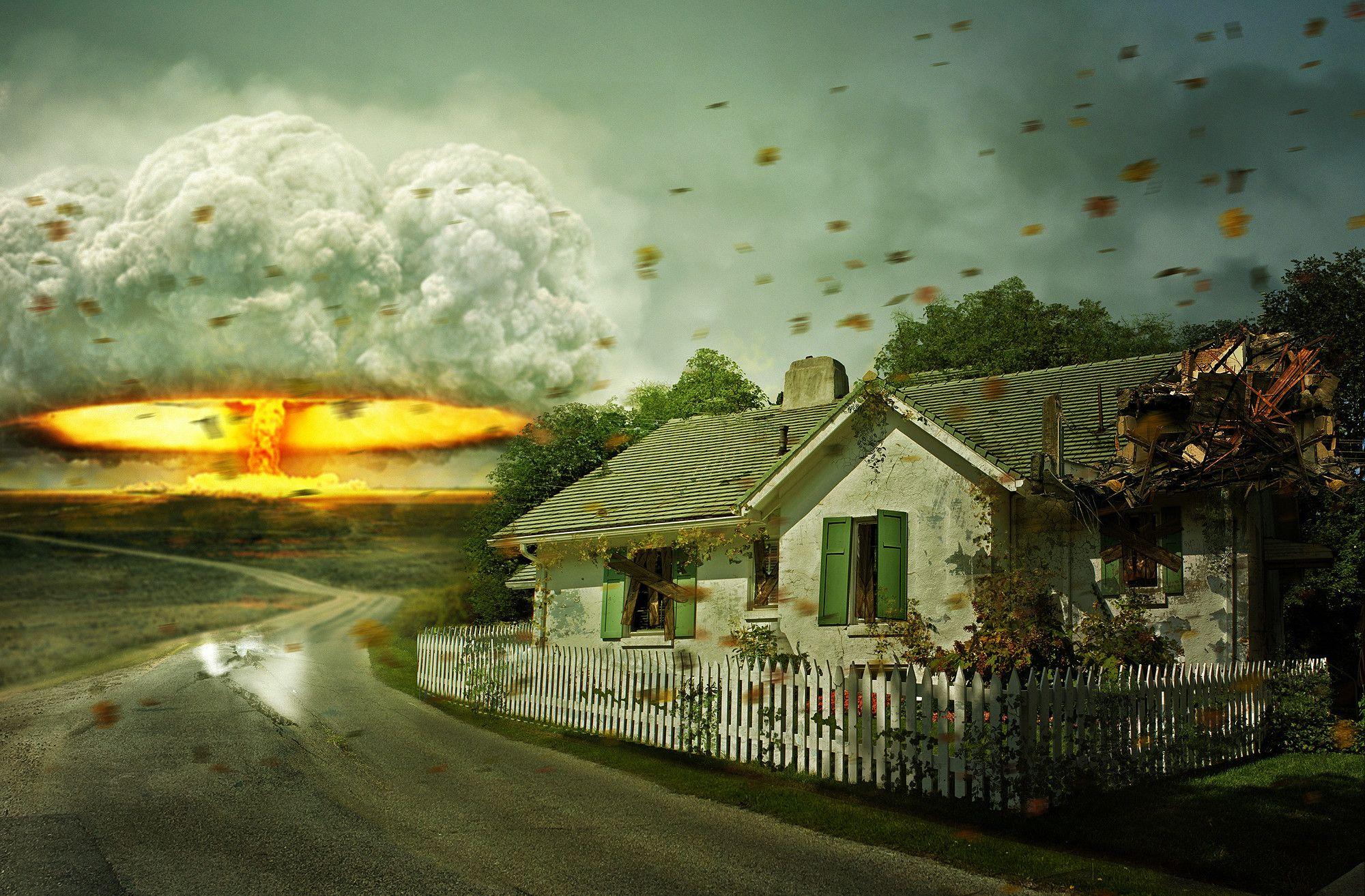 2000x1314 Atomic Bomb Explosion Over City Buildings HD Wallpaper Background Bomb