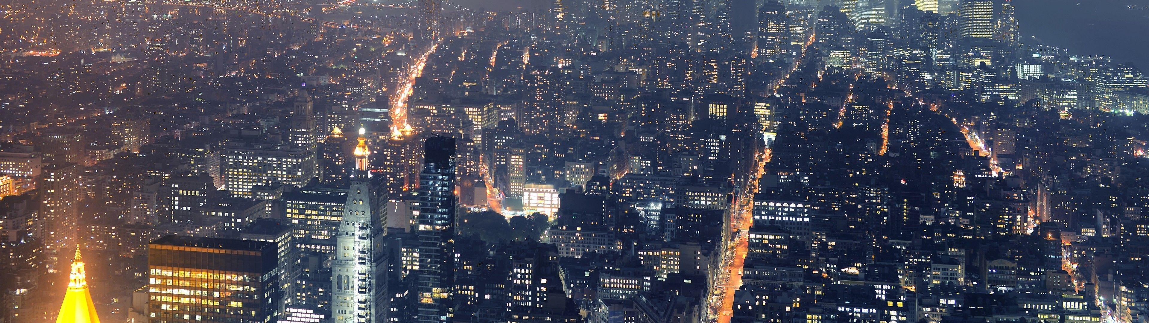 3840x1080 Download 3840x1080 New York City, Buildings, Night, Top View, Downtown, Usa Wallpaper
