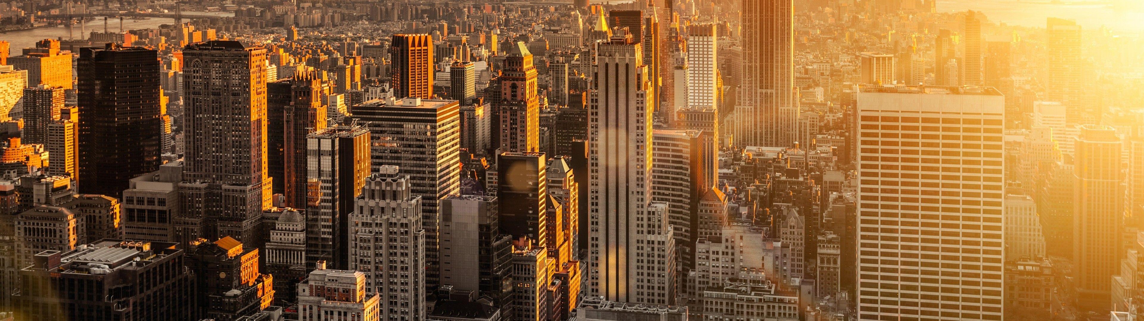 3840x1080 Download 3840x1080 New York City, Manhattan, Skyscrapers, Sunlight, Cityscape Wallpaper