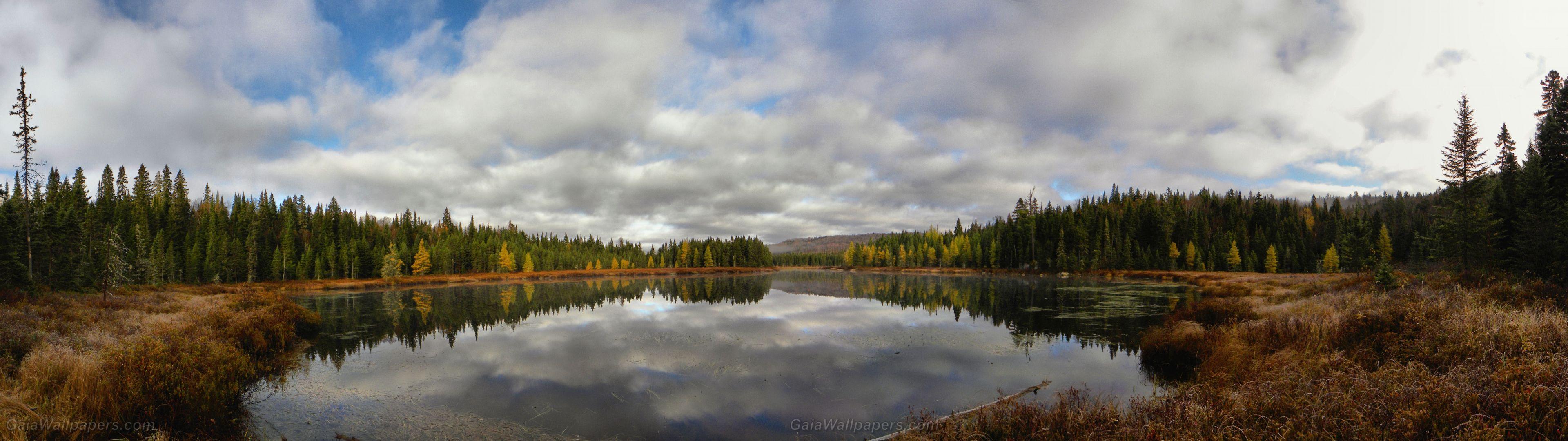 3840x1080 Beautiful Autumn Lake HD Wallpaper