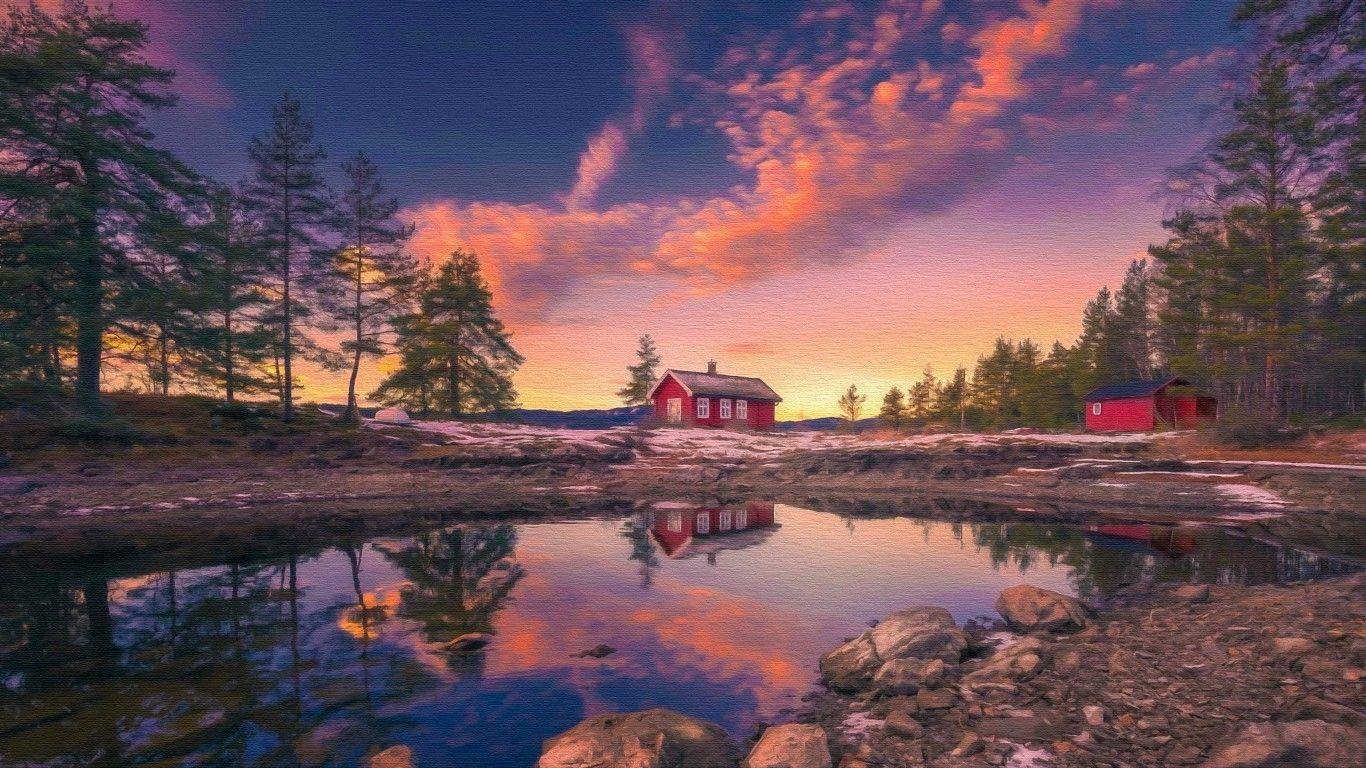 1366x768 Download 1366x768 Cabin, House, Mini Lake, Clouds, Artwork Wallpaper for Laptop, Notebook